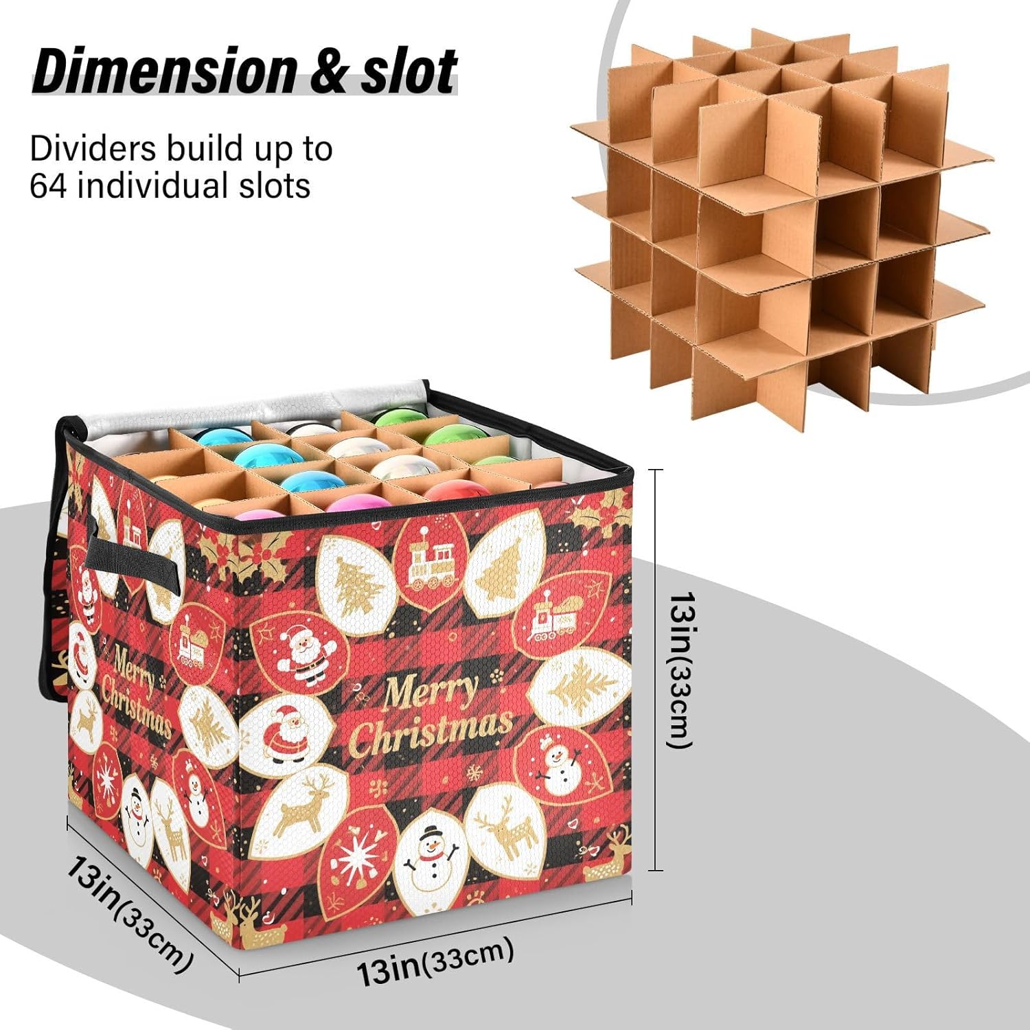 High Capacity Christmas ornament organizer Holds Up to 64, Two Handles Large Holiday Storage Case with Lid,Merry Christmas Snowflake Santa Checkered Gold and Red