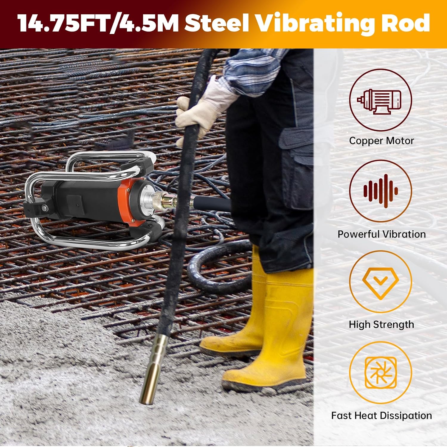 Concrete Vibrating Tool, Portable Construction Insertion Vibrator, 1500W Electric Concrete Vibrator Handheld, 16,000 VPM Concrete Vibrator, With 14.75ft Shaft