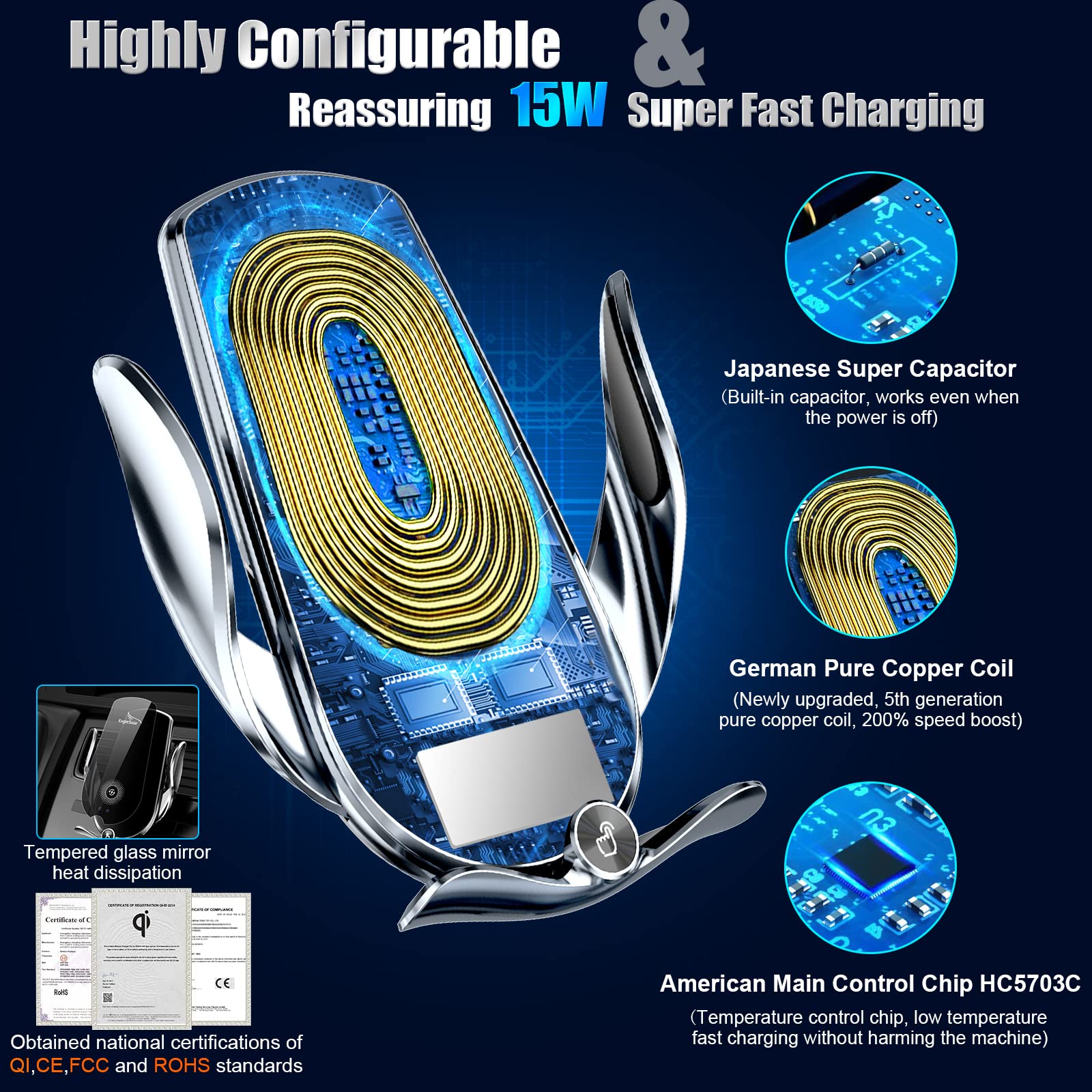 Supporto Auto Wireless KPON - Caricatore 15W Con Serraggio Automatico Per IPhone E Samsung