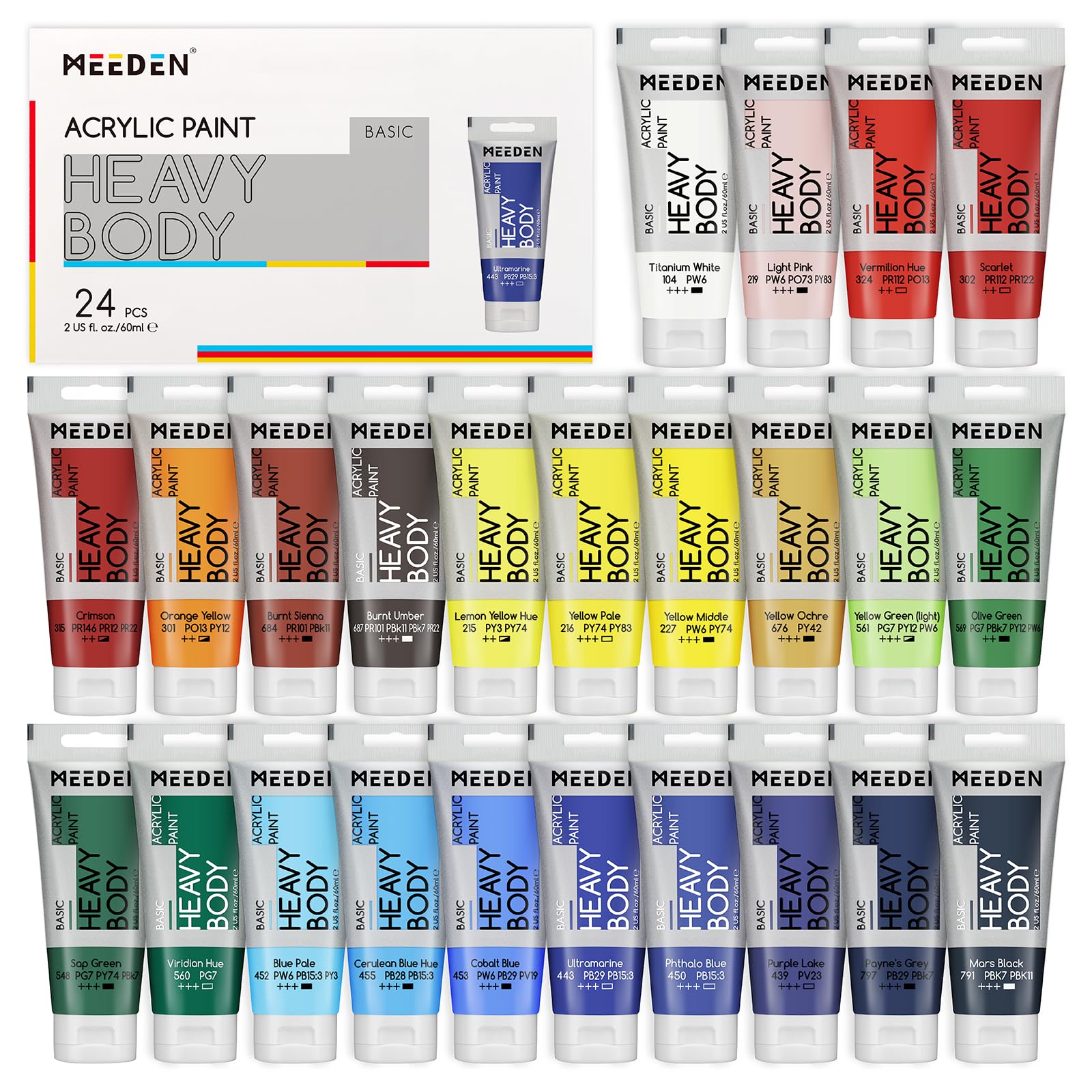 Heavy Body Acrylic Paint: Satin Finish 24 x 60ml (2 oz) Tubes Set | Basic Paint Color Set for Adults, Rich Pigment Art Craft Paints for Canvas Clay Wood Painting