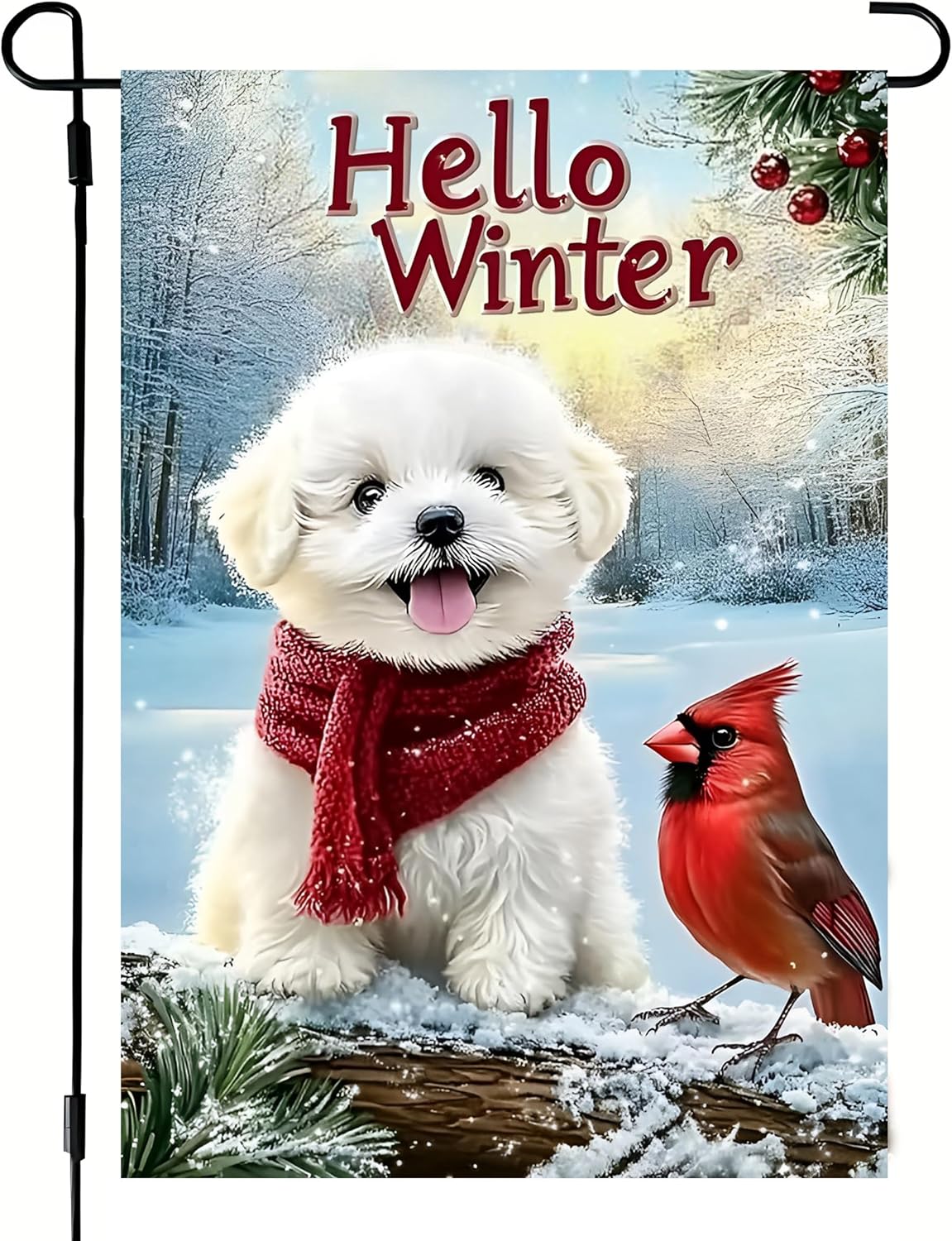 Hello Winter Dog Garden Flags for Outside 12x18 Double Sided, Small Burlap Vacation Bichon Frise Yard Flags Christmas Decoration for Outdoor Garden Patio Decor, Bichon Frise Gifts for Dog Lovers Women