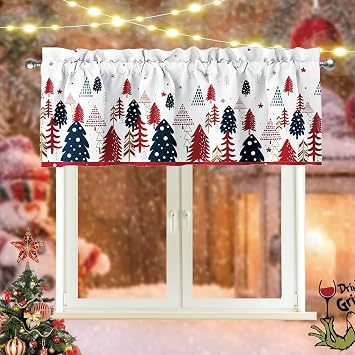 Christmas Window Valance, 52x18 Inch Christmas Tree Snowflake Curtains Valance with Rod Pocket Winter Colorful Doorway Decoration for Kitchen Bathroom Living Room Bedroom
