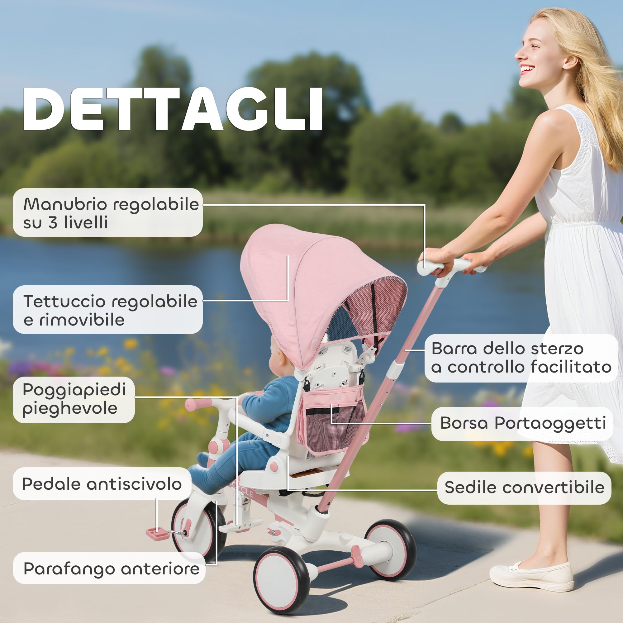 AIYAPLAY Triciclo per Bambini 5 in 1 Cintura 5 Punti 96.5x49x101 cm Rosa | Barra di Sicurezza, Maniglione, Copertura Superiore Rimovibile, Triciclo Bambini in Alluminio e PP