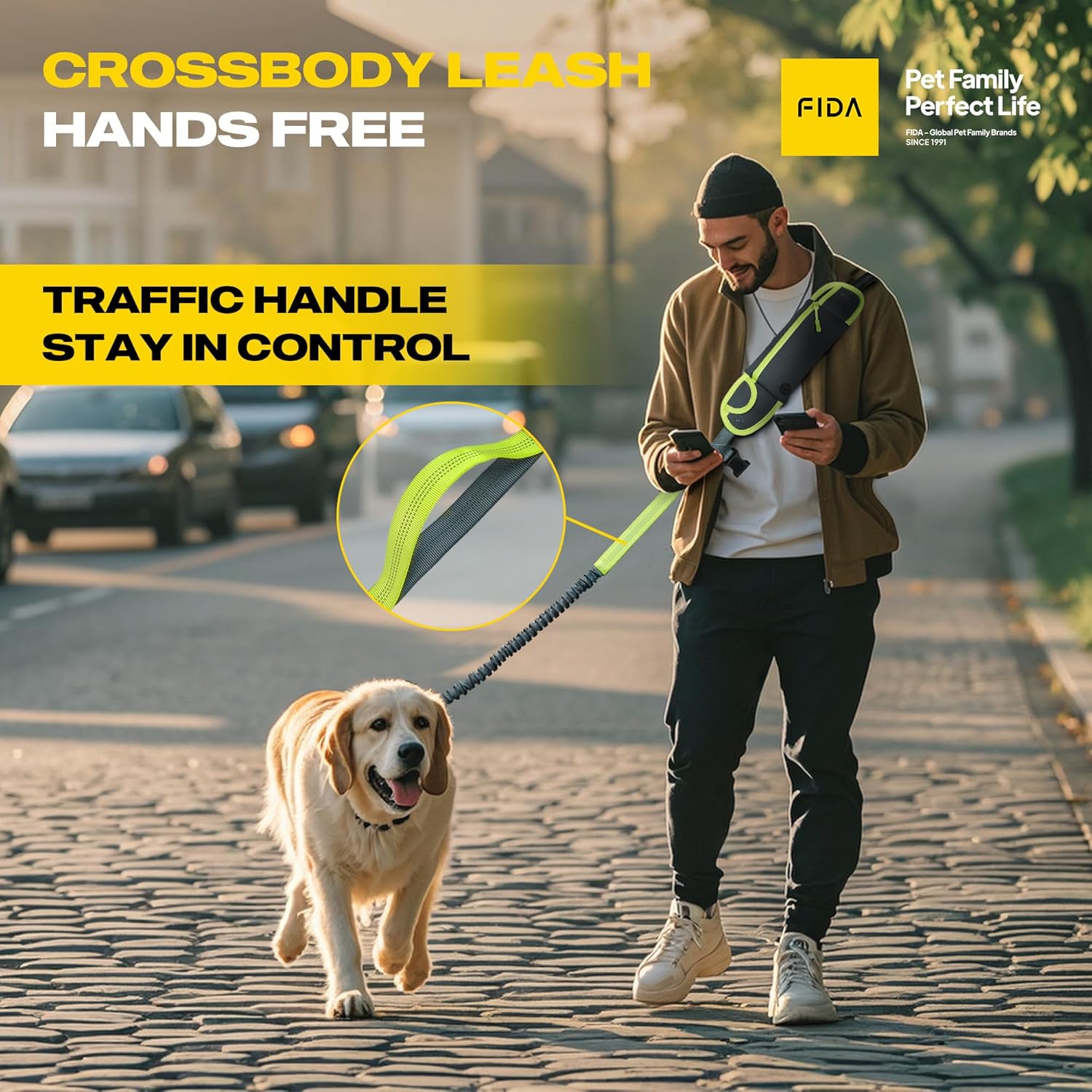 Fida 3-in-1 Hands Free Dog Leash with Zipper Pouch & Bungee, Reflective Crossbody Waist Running Leash for Dogs with Traffic Handle for Safe Walking, Jogging