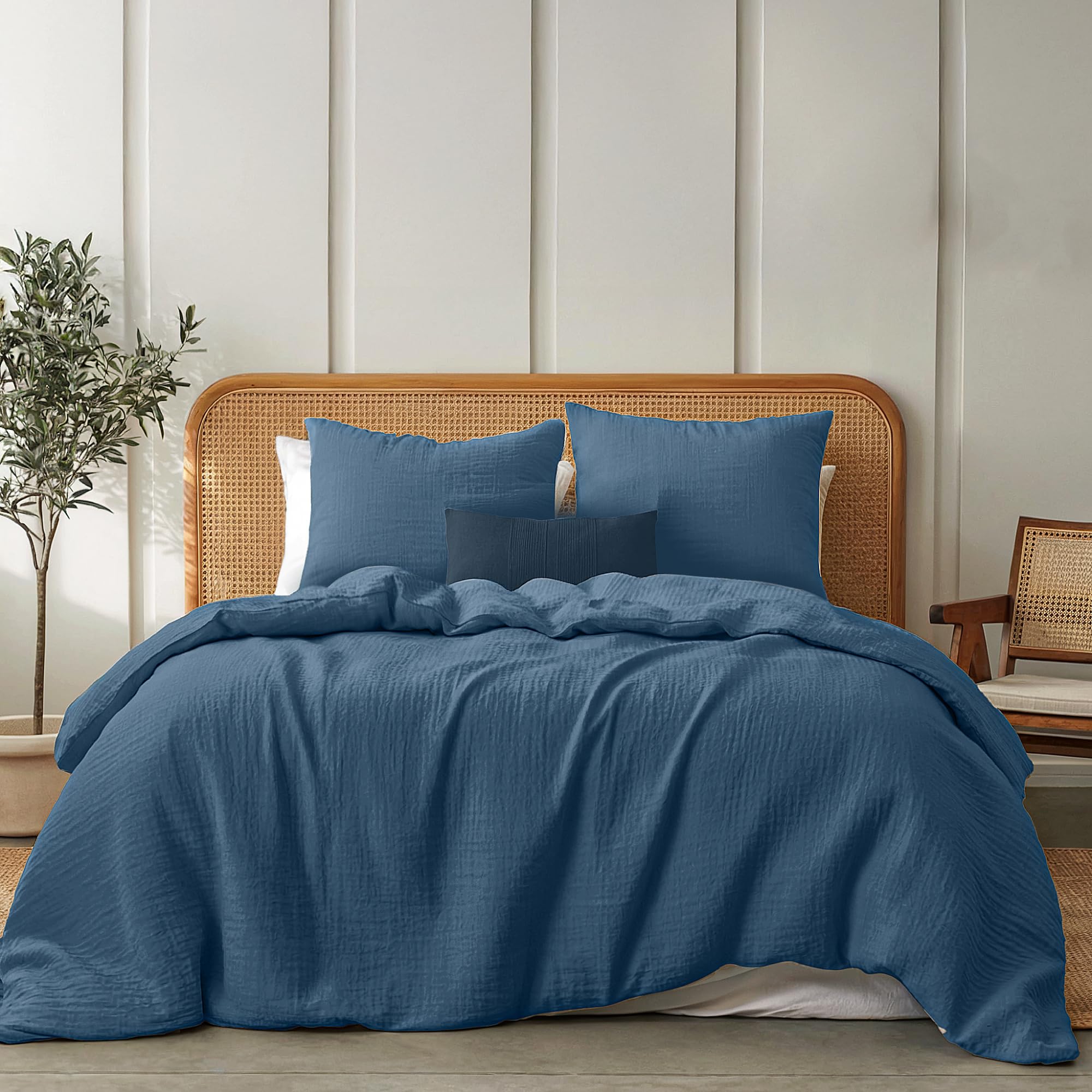 Dreamzie Musselin Bettwäsche 220x240 cm aus 100% Baumwolle – Bettwäsche Set mit 1 Bettbezug und 2 Kissenbezügen 80x80 cm – Weiche Oeko-Tex Bettwäsche mit Reißverschluss – Blau