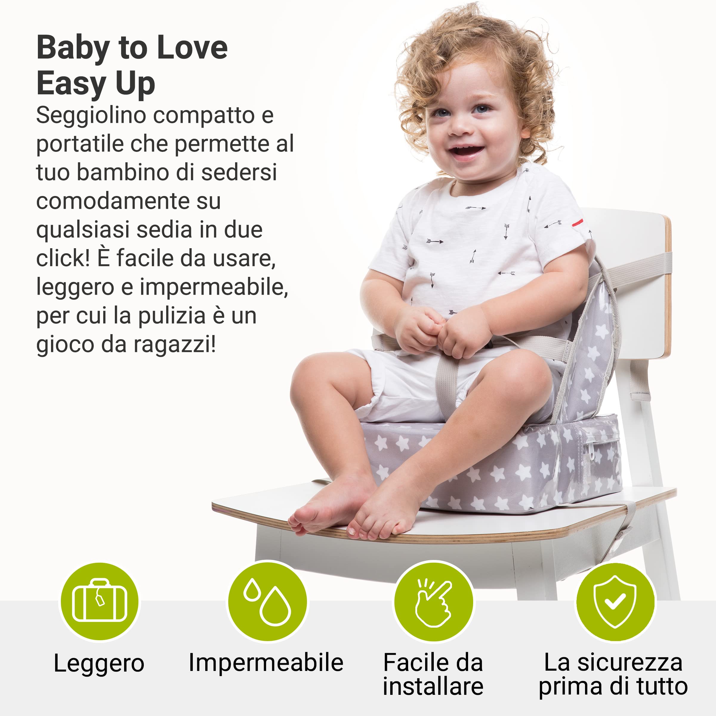 Baby-To-Love Easy Up, seggiolone per neonati, sollevatore per seggiolone, sollevatore Nomade Baby (White Stars)