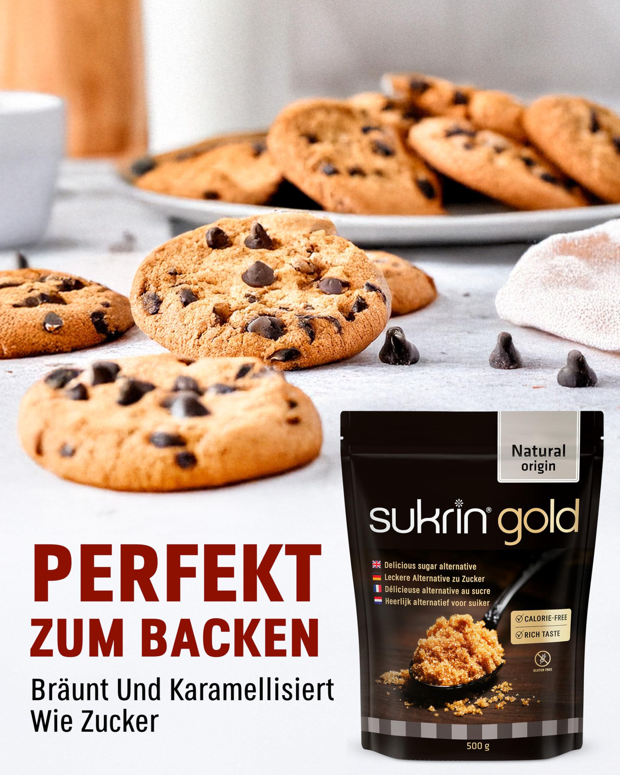 SUKRIN Gold natürliche Alternative zu Brauner Zucker und Rohrzucker, kalorienfreier Zuckerersatz mit Erythrit Stevia Mischung, Zucker Ersatz, vegan, glutenfrei, Non-GMO, keto-freundlich, 12x 500g