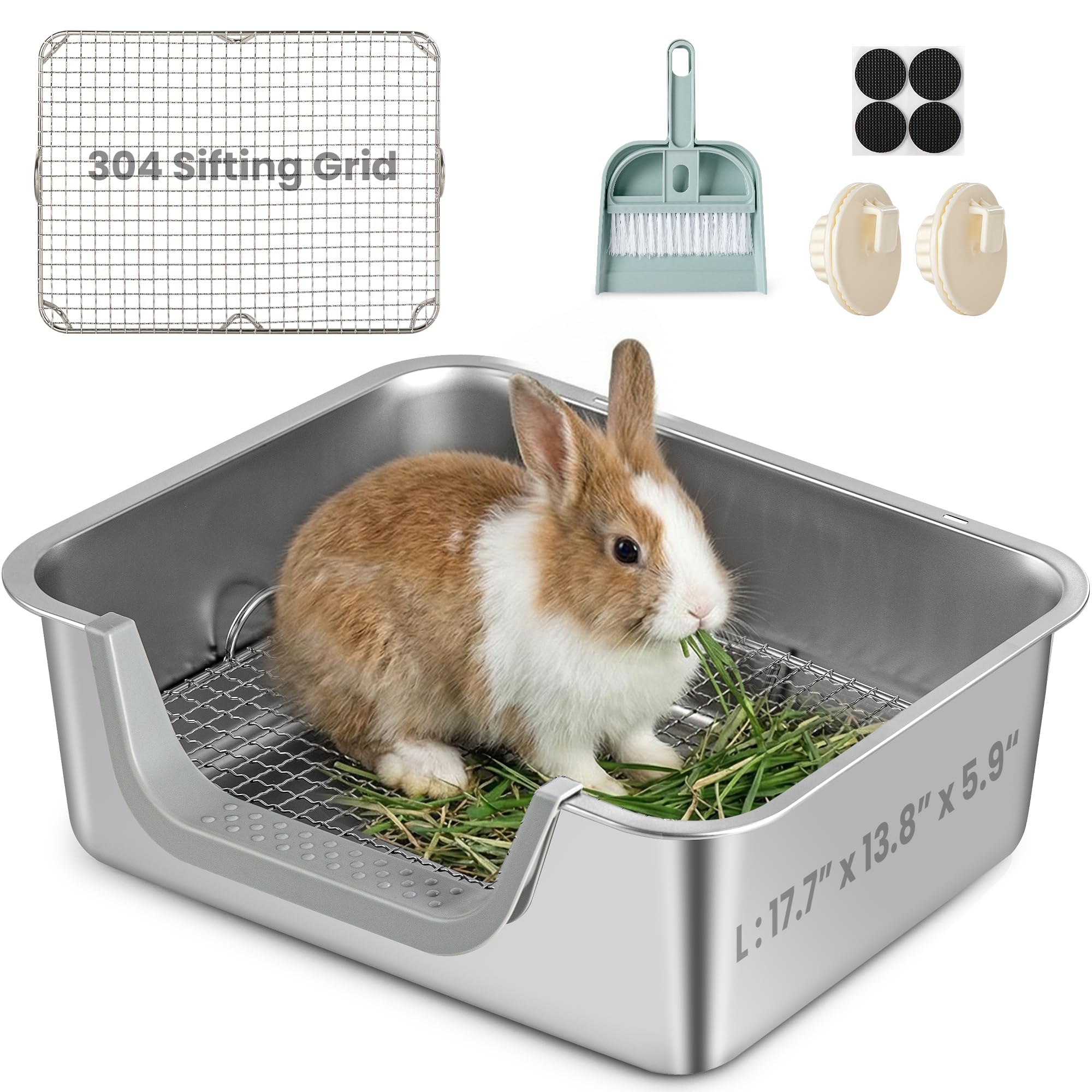 TIUUBT Rabbit Litter Box, Extra Large Bunny Litter Box with 304 Stainless Steel Sifting Grid, Safe Plastic-Covered Entry Edge & Hooks, Easy to Clean