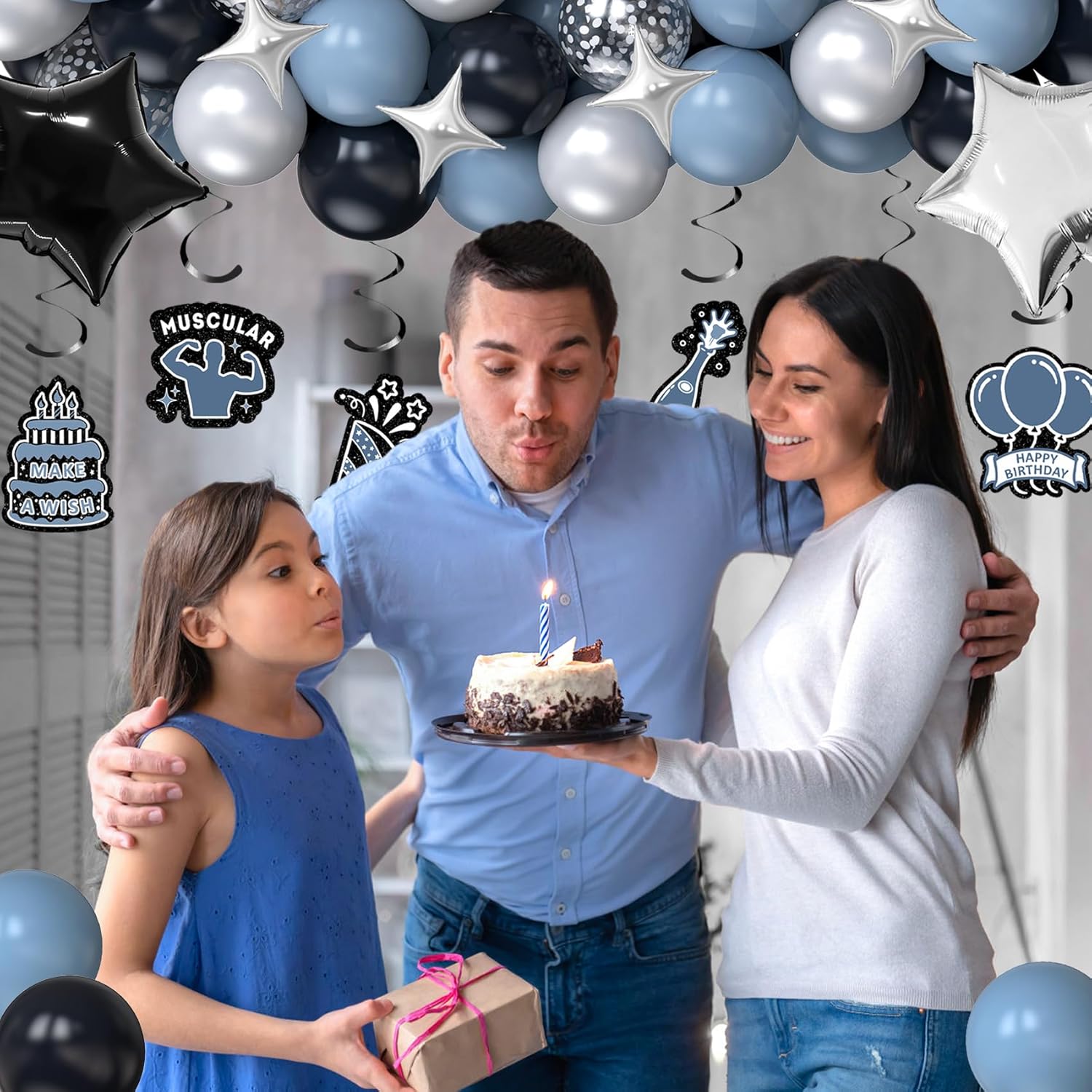 17th Birthday Decorations, Dusty Blue 17 Birthday Decorations for Boys Girls, Blue Sliver Black Birthday Party Decor with Happy Birthday Banner, Number Balloons, Foil Balloons, Swirl - Image 6