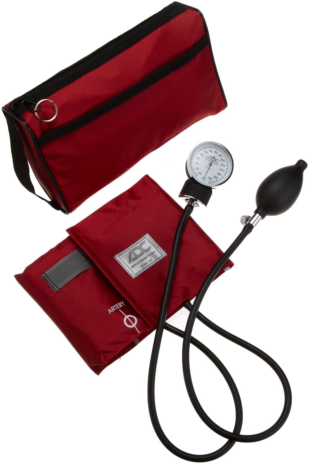 ADC Prosphyg 768 Pocket Aneroid Sphygmomanometer with Adcuff Nylon Blood Pressure Cuff, Adult, and Carrying Case, Red