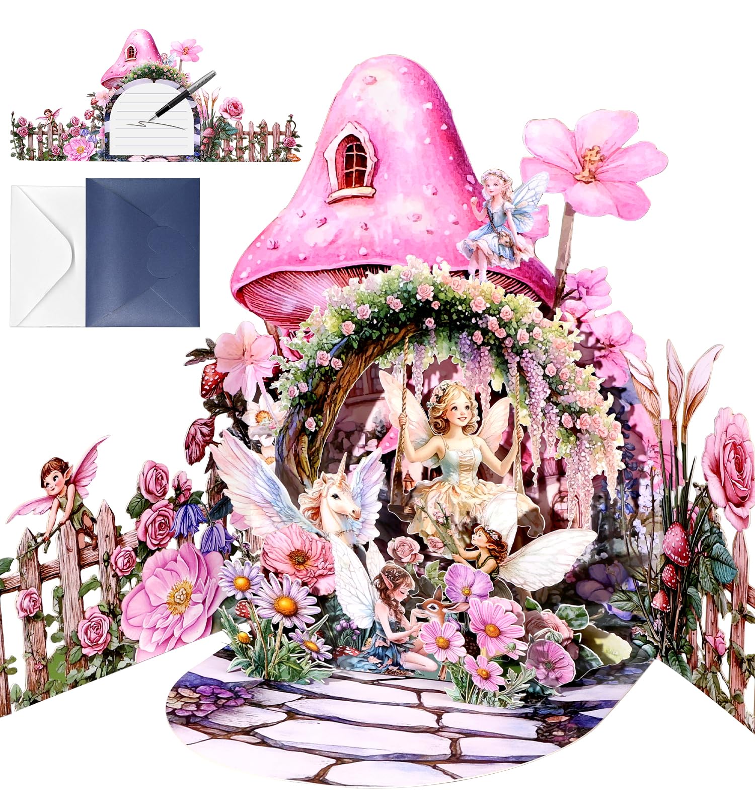Tarjeta desplegable para el día de San Valentín, diseño de casa de hongos y unicornio de hadas, tarjetas de San Valentín 3D con sobres, tarjeta de felicitación romántica para él, su marido,