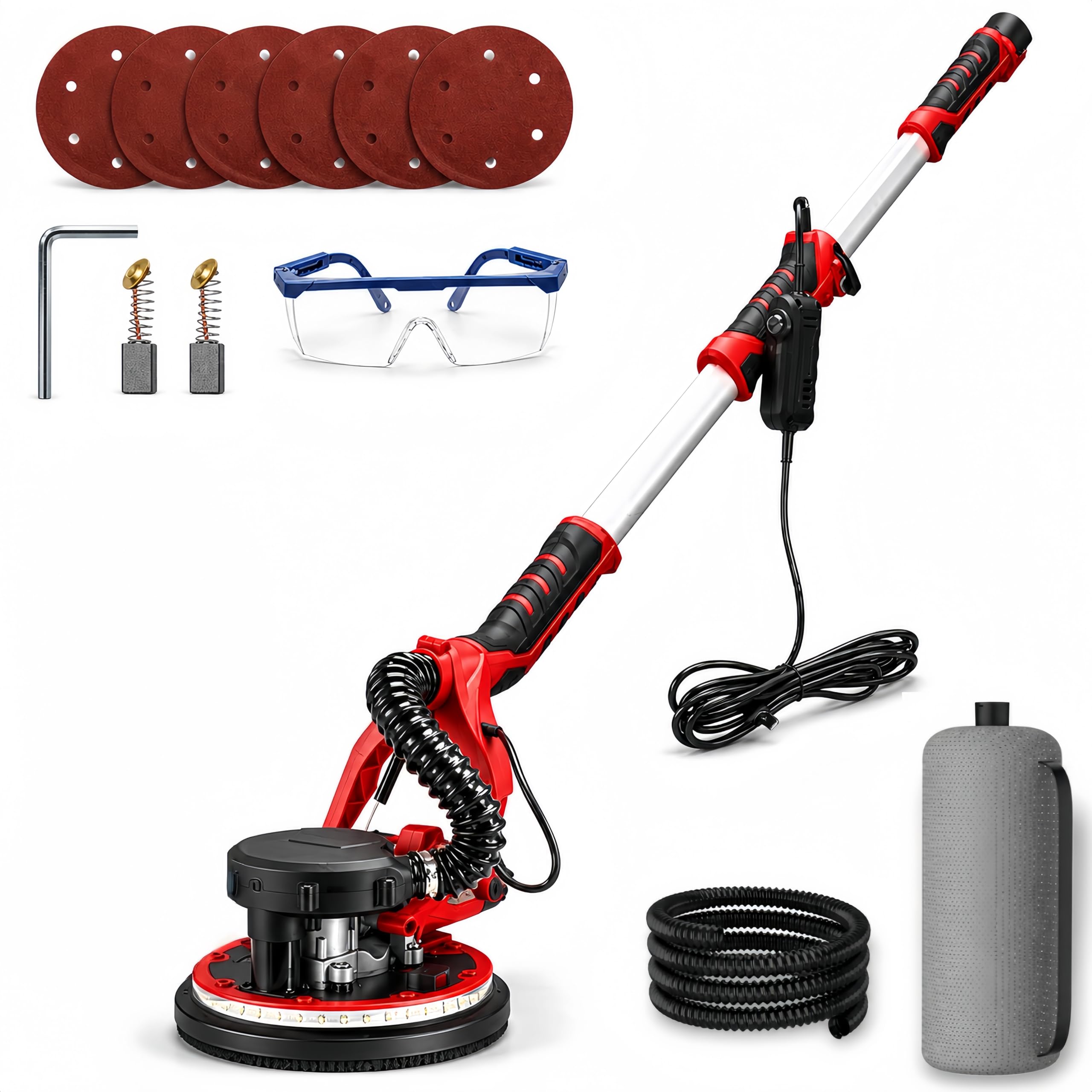 Lijadora Jirafa con Aspirador 800W, Lijadora Pared y Techo, Disco de lijado Ø225 mm, 6 Velocidades Regulables Luz LED, Mango Telescópico,Lijadora Electrica para Placas de Yeso y Obra Seca (Rojo)