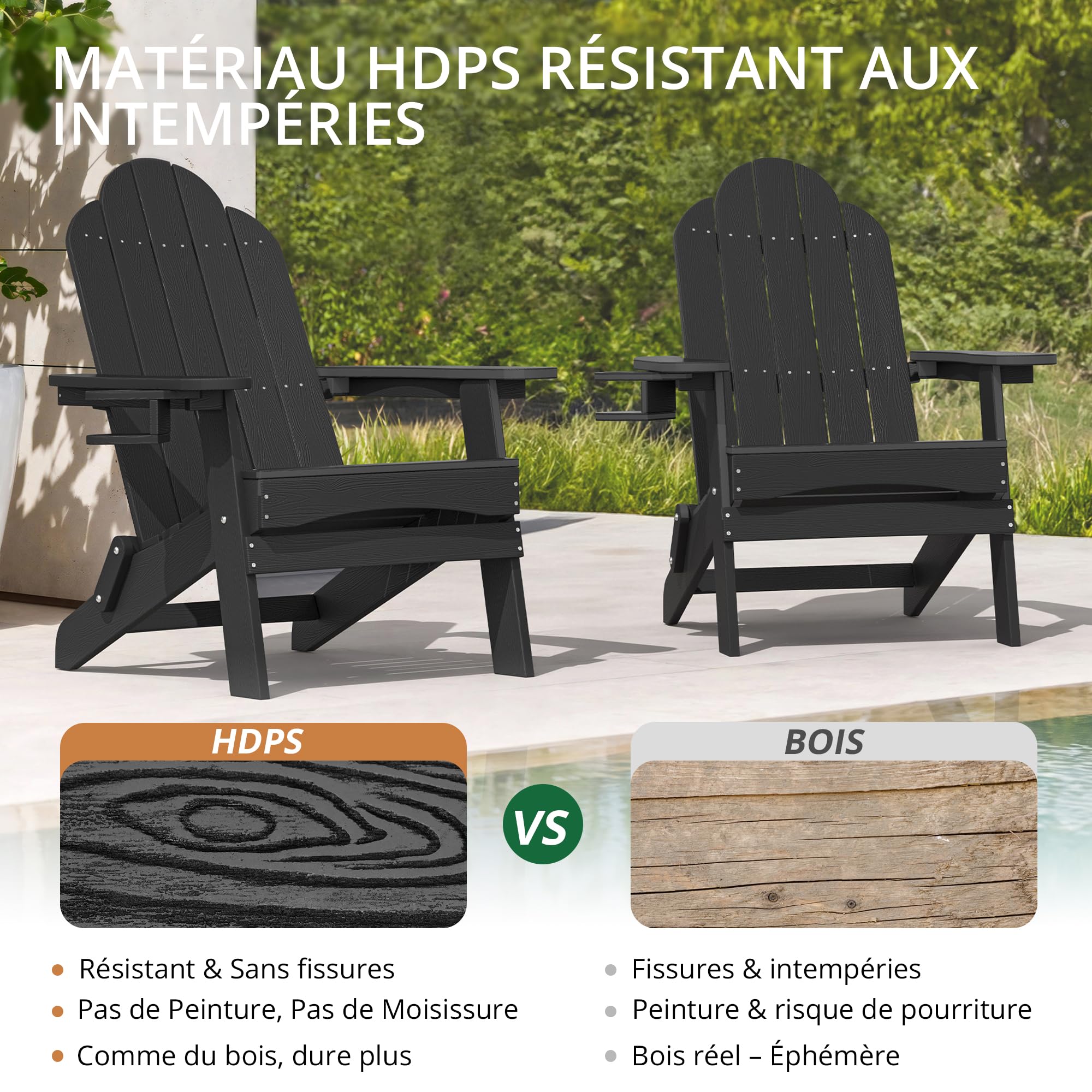 LUE BONA Chaise Adirondack Noire, Chaise de Jardin HDPS Pliable, Résistante aux Intempéries avec Porte-Gobelet, pour Jardin, Terrasse, Balcon