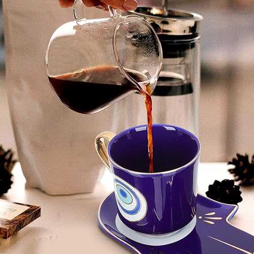 Miniatura 6 de Luxshiny Juego de tazas de café de ojo malvado taza de café turco de ojo azul con leche de agua, taza de té con amuleto de protección con plato de