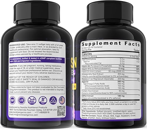 Miniatura 9 de Suplementos de azafrán - 100 mg de extracto liposomal de azafrán 100% puro con glicinato de magnesio, omega-3, cúrcuma, Ashwagandha, vitamina B6,