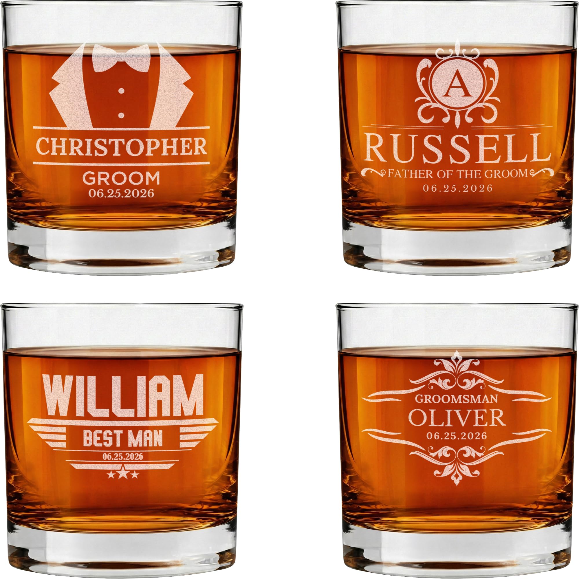 Personalized Groomsmen Whiskey, Bourbon Glass Gifts - Set of 4 Custom Groomsman Gift -Personalized Wedding Whiskey Glass - Groomsman Proposal - 11 oz