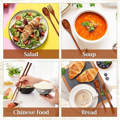 Miniatura 4 de Juego de 8 utensilios de madera para comer, cuchara reutilizable, tenedor, cuchillo, palillos, juego de cubiertos de madera portátiles para viajes,