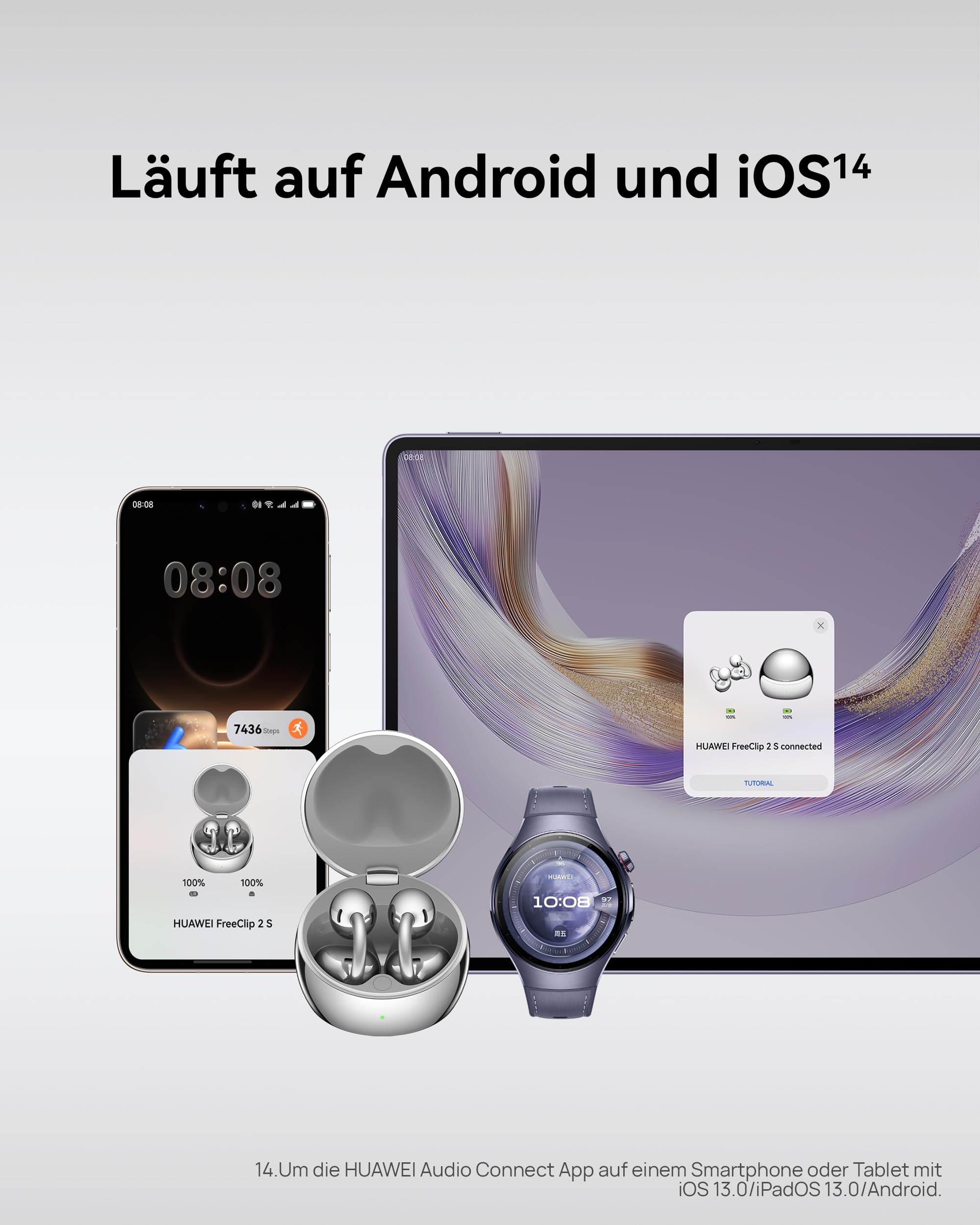 HUAWEI FreeClip 2 S Kabellose Kopfhörer, ganztägiger Komfort, 5,1 g, Silber | Adaptive Open-Ear-Technologie, Smart Control, Metallisch glänzendes Ladecase, IP 57, Kristallklare Anrufe, für iOS & Android