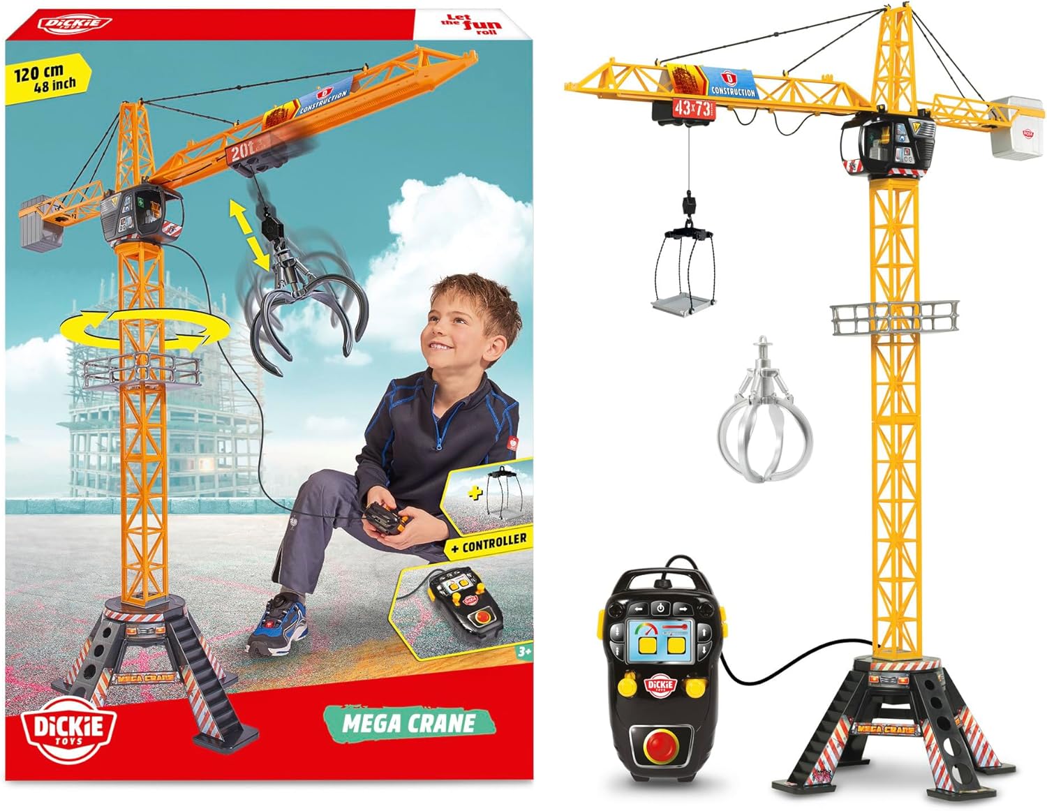 DICKIE TOYS Mega Crane Playset packaging and remote control unit.