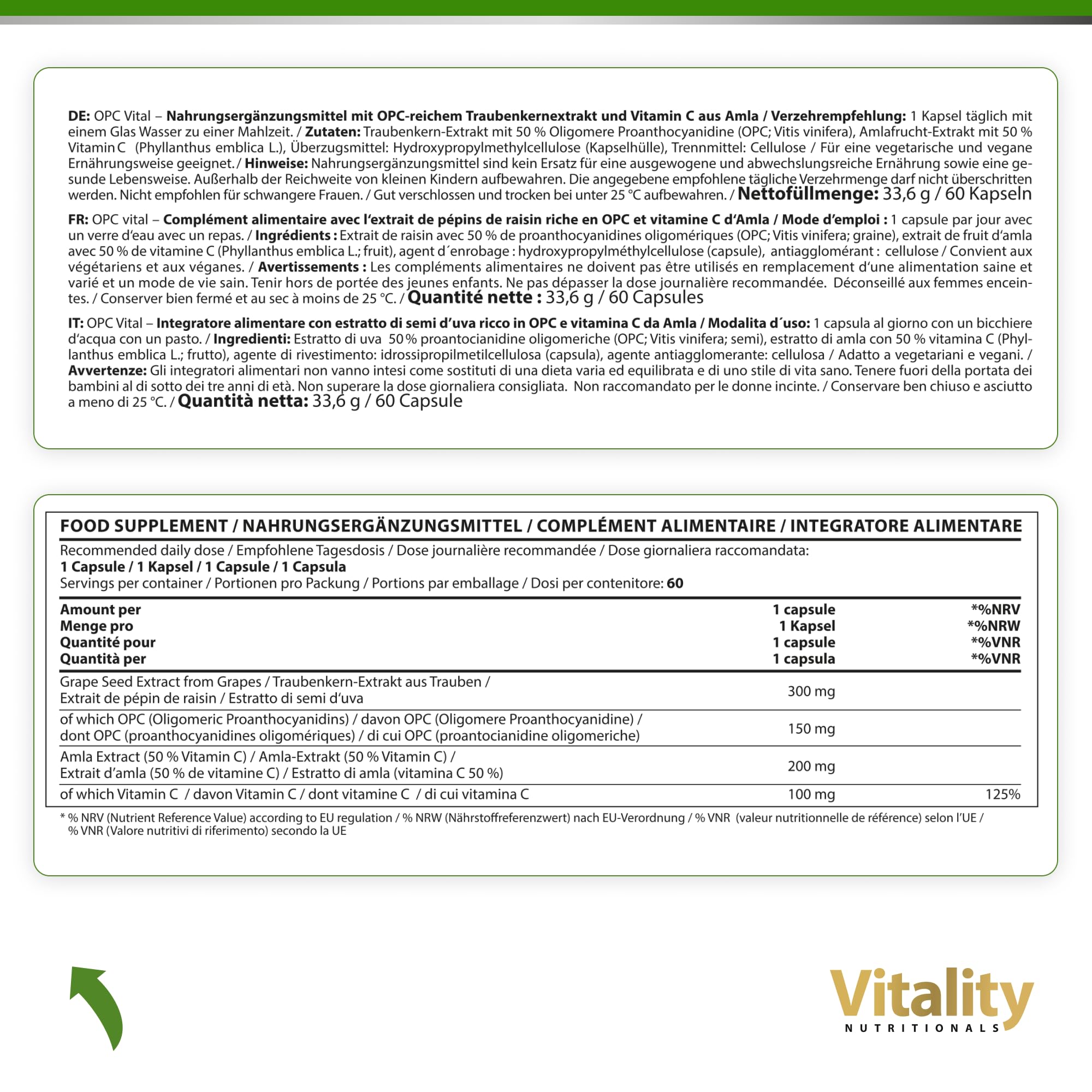OPC, Extrait de Pépins de Raisin 150 mg et Vitamine C. Issu Raisins Français Premium. Testé en Laboratoire, 60 Gélules. Anti-âge, Antioxydants. Sans Additif. Vitality Nutritionals by VitaminExpress
