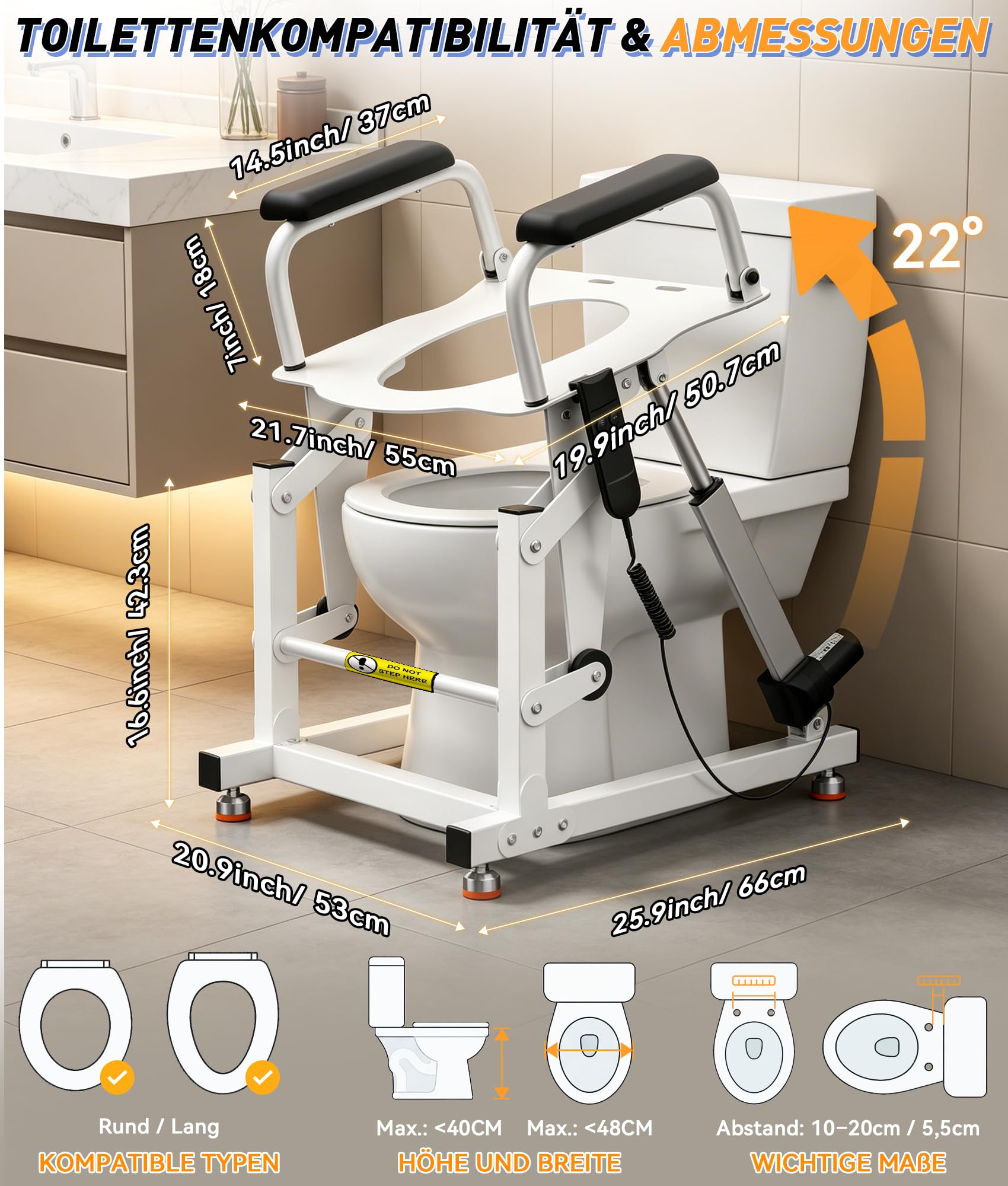 Rialzo per WC elettrico con supporto per alzarsi fino a 205 kg, regolabile in altezza di 22 cm, braccioli antiscivolo, per anziani e persone con disabilità, adatto per WC rotondi e ovali