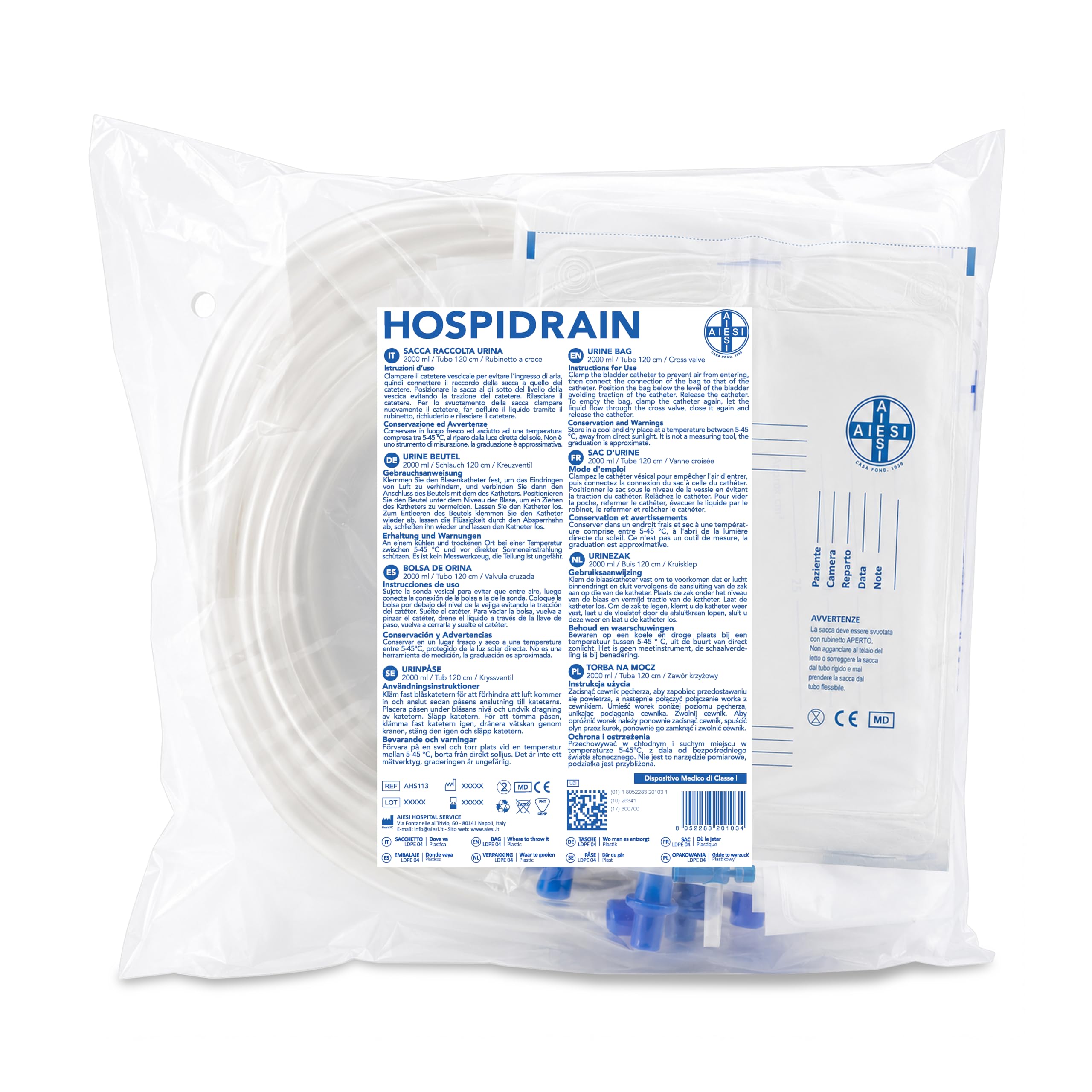 AIESI® Bolsas de orina de 2 litros tubo 120 cm con grifo de descarga cruzado (T) y válvula antirreflujo HOSPIDRAIN (Paquete de 25 piezas)