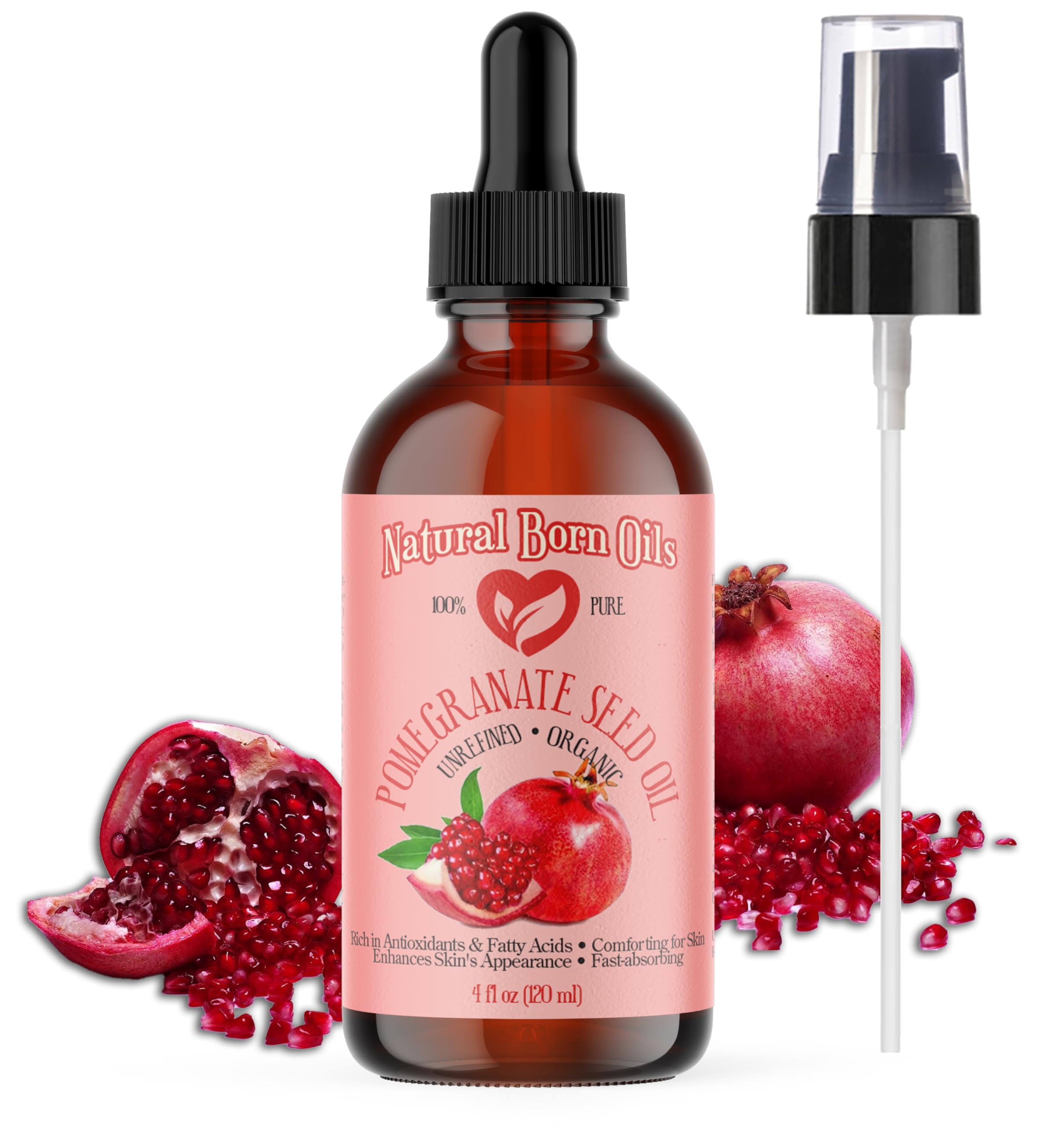 SALE! 4oz Pomegranate Seed Oil, 100% Pure and Natural, Organic and Rich in Antioxidants for Supple, Soft Skin and Hair - Includes Dropper & Pump