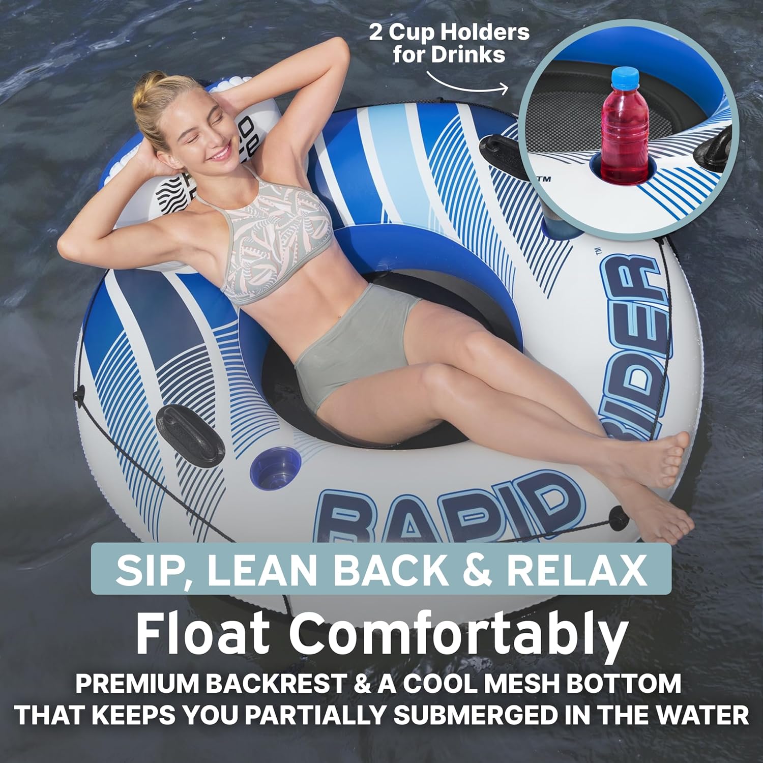 Bestway Hydro Force Rapid Rider 48" Inflatable Pool Float, Adult Inner Tube Swim Ring with Backrest, Grab Handles, Cup Holders, Grab Rope, Great for the Lake, River, Summer, in Blue, Pink, USA Colors