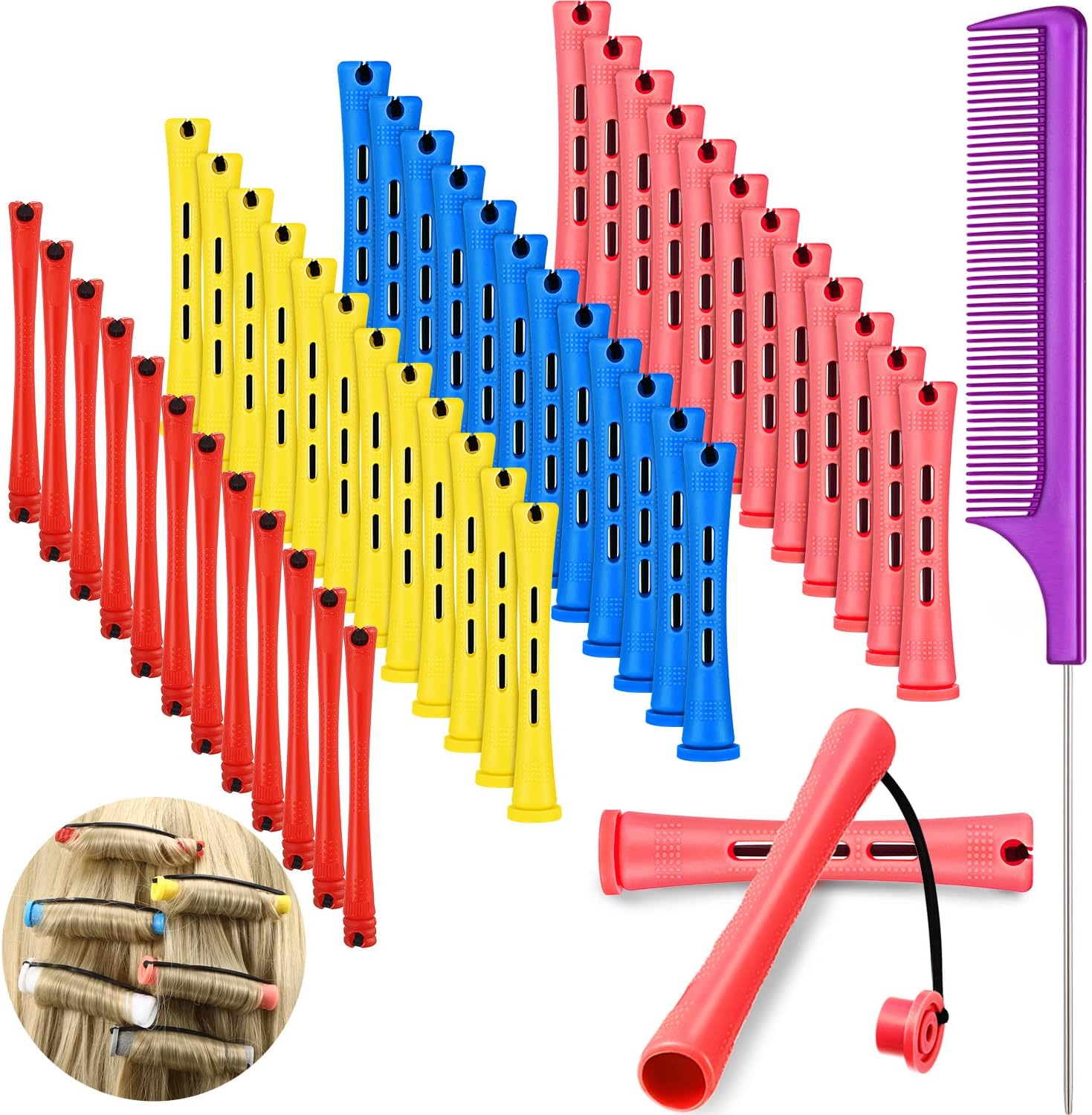 48 Pieces Hair Perm Rods Short Cold Wave Rods Plastic Perming Irons Hair Curling Rollers Curlers with Steel Pintail Comb Rat Tail Comb for Hairdressing Styling Supplies(Assorted Sizes,Multicolored)