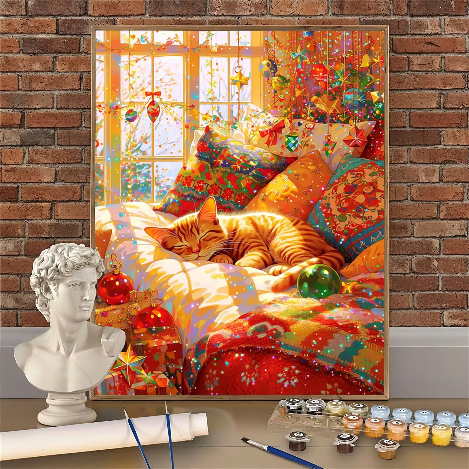 Malen nach Zahlen Erwachsene Katze, Malen Nach Zahlen Weihnachten, DIY Ölgemälde für Anfänger, Paint By Numbers 70x100cm Leinwand mit Acrylfarben & 3 Pinseln - Ideal zur Entspannung & Wanddeko W-O237
