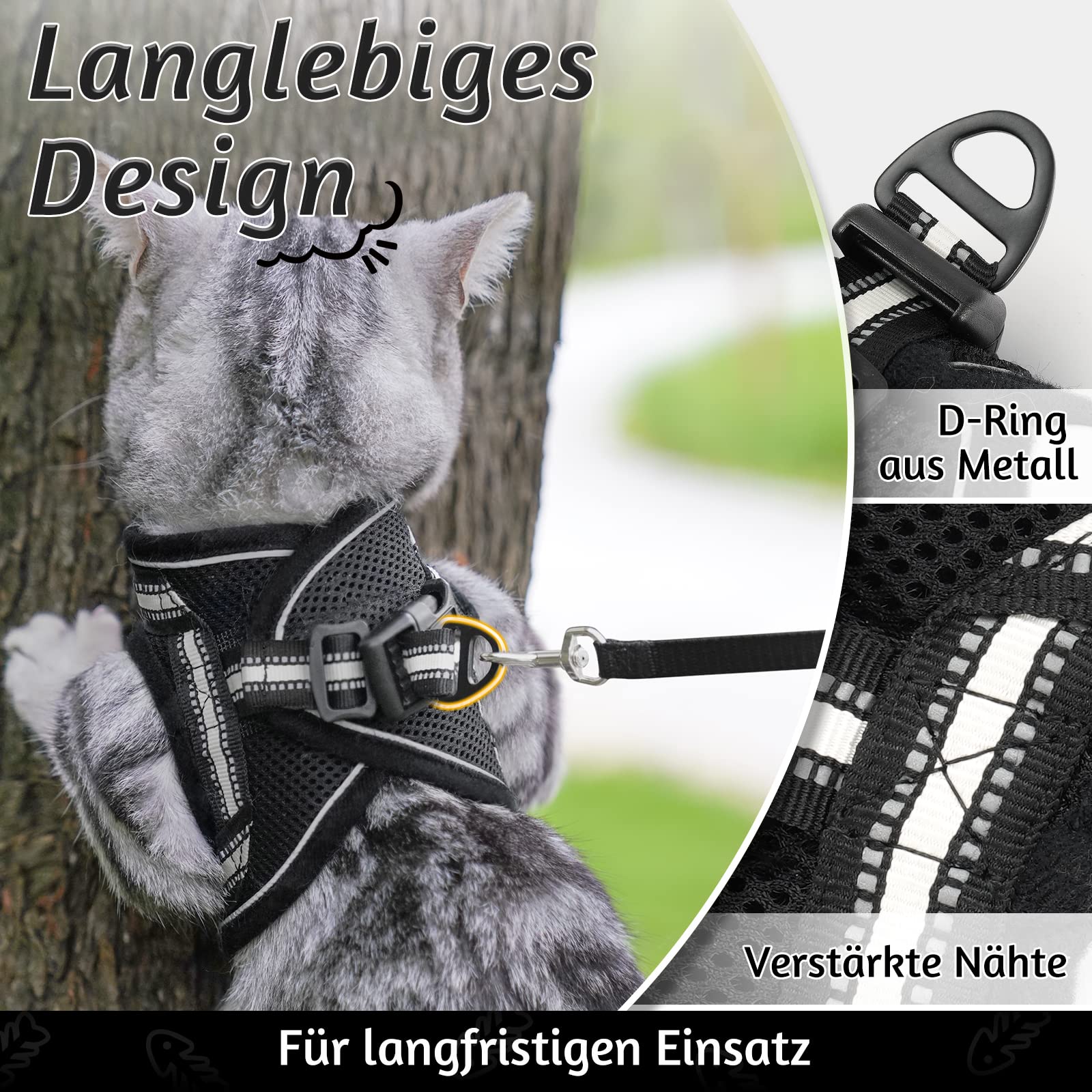 rabbitgoo Katzengeschirr mit Leine Ausbruchsicher, Katzenleine mit Geschirr, Katzengeschirr Kitten Verstellbar Weich Kätzchenweste mit Reflektierenden Streifen für Extra Kleine Katzen, Schwarz S