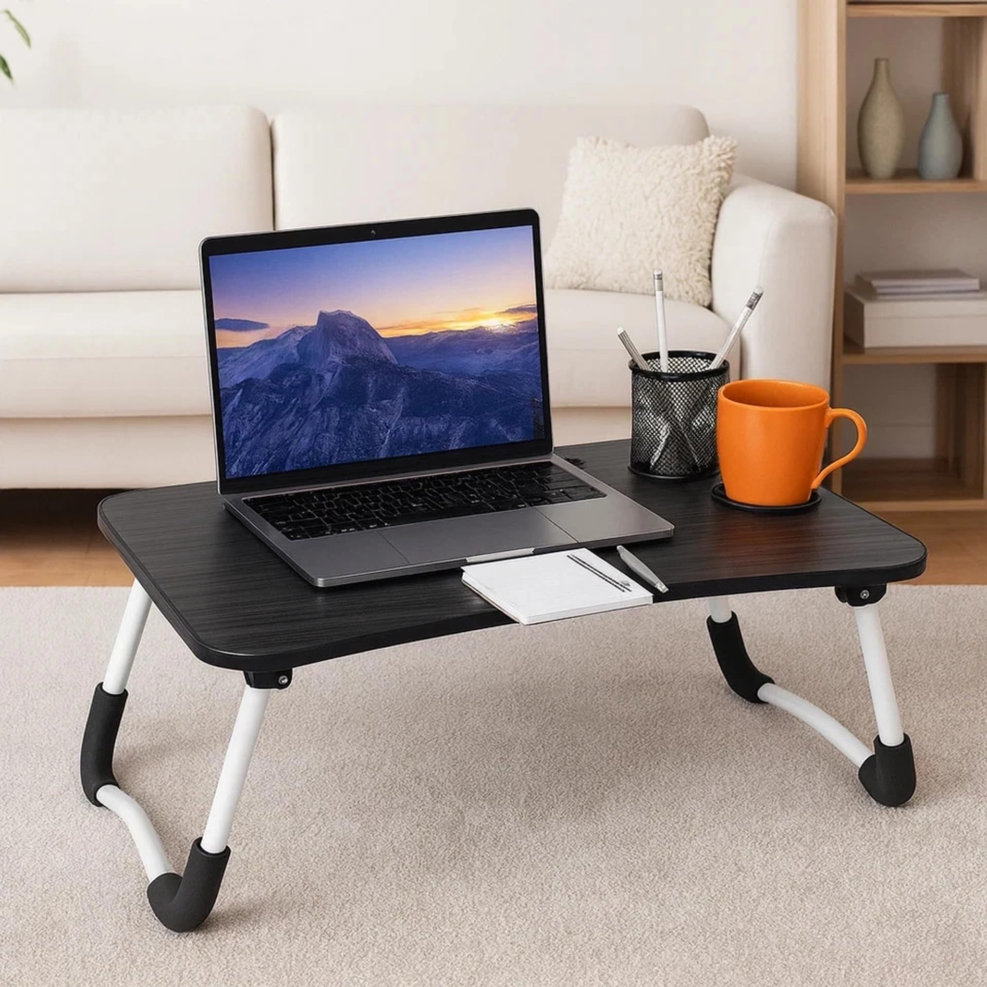 Laptop Bed Table with Cup Holder – Folding Lap Desk for Sofa, Breakfast Tray & Notebook Stand (60x40x26cm) (Black Wood Grain)