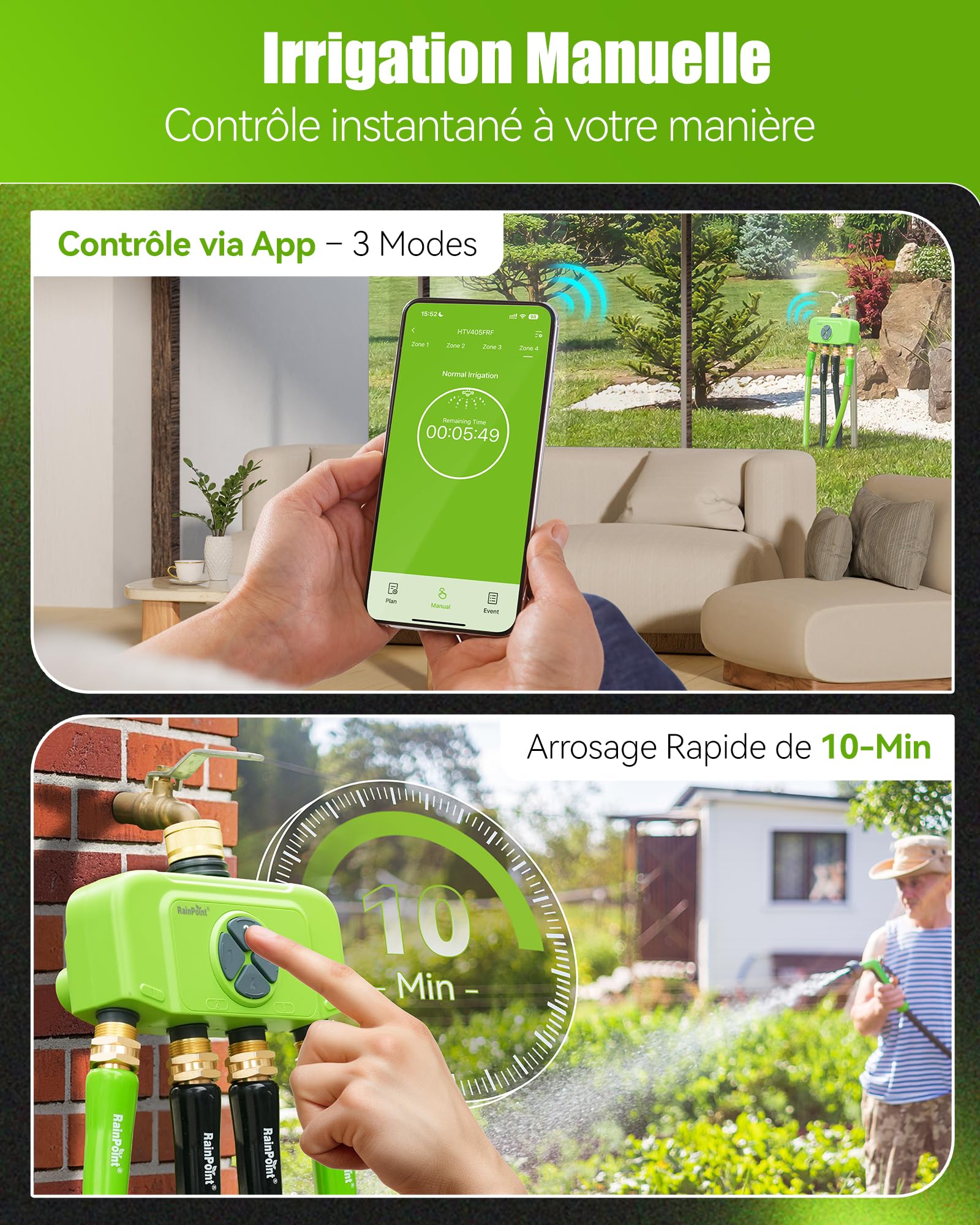 RAINPOINT Programmateur Arrosage WiFi 4 Zones avec Hub, Contrôleur d'Arrosage Intelligent avec Débitmètre, Entrée/Sortie en Laiton, Compatible Alexa/Google, pour Jardin et Pelouse