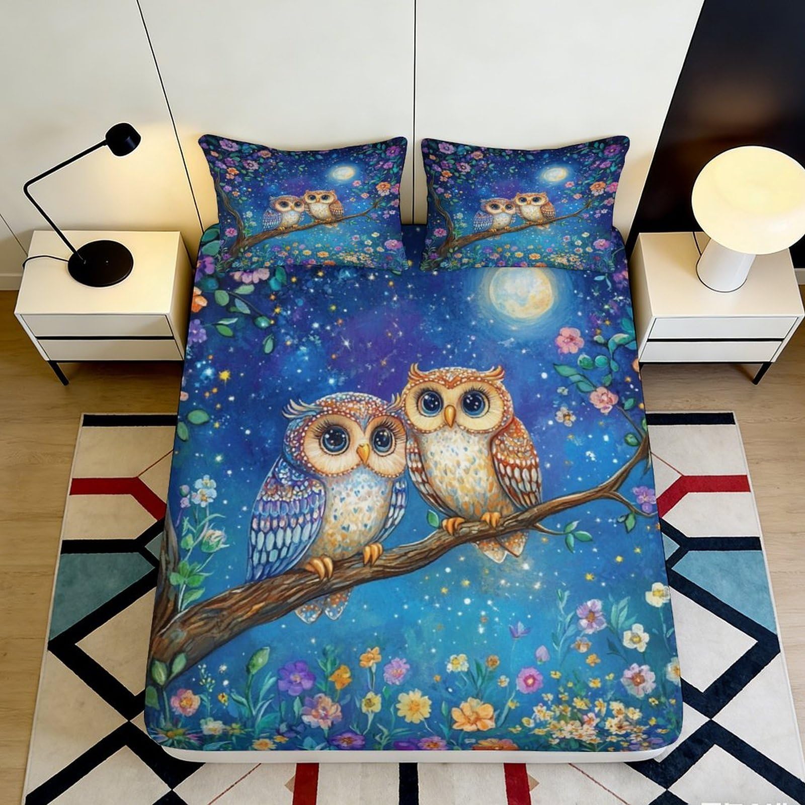 Jqzkxnhpbr Style-9 3D Printed Night Owl Fitted Sheet Microfiber Soft Breathable Moonlight Forest Mattress Cover For Bedroom Guest Room Decor 90X200x25cm