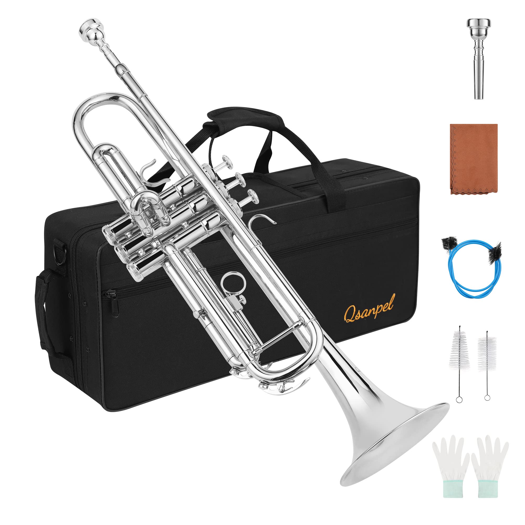 Photo 1 of ****STOCK IMAGE FOR REFERENCE*** 
Qsanpel Bb Standard Trumpet Set for Beginner Student Brass Trumpet Instruments Silver Trumpet