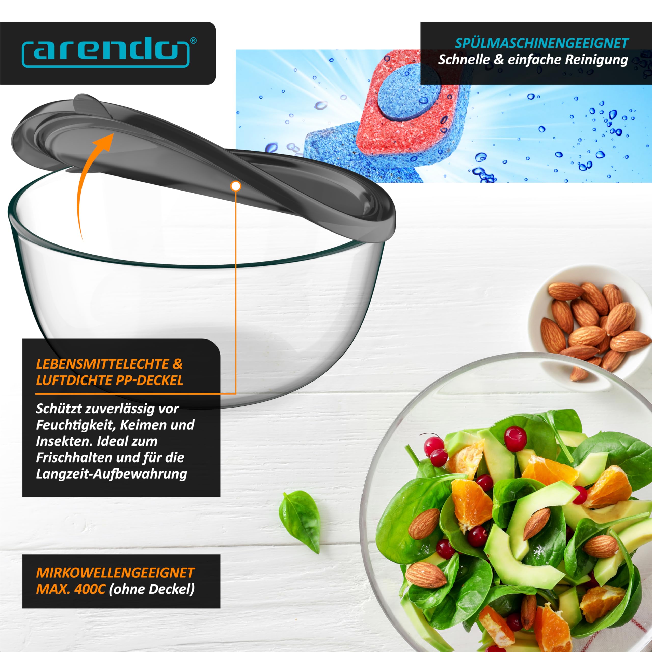 Arendo - Salatschüssel aus Glas mit Deckel - Glasschüssel 5er Set - 1000ml + 1500ml + 2000ml + 2700ml + 4400ml – Rührschüsseln klein bis groß – Borosilikatglas - Glasschale Salatglasschale