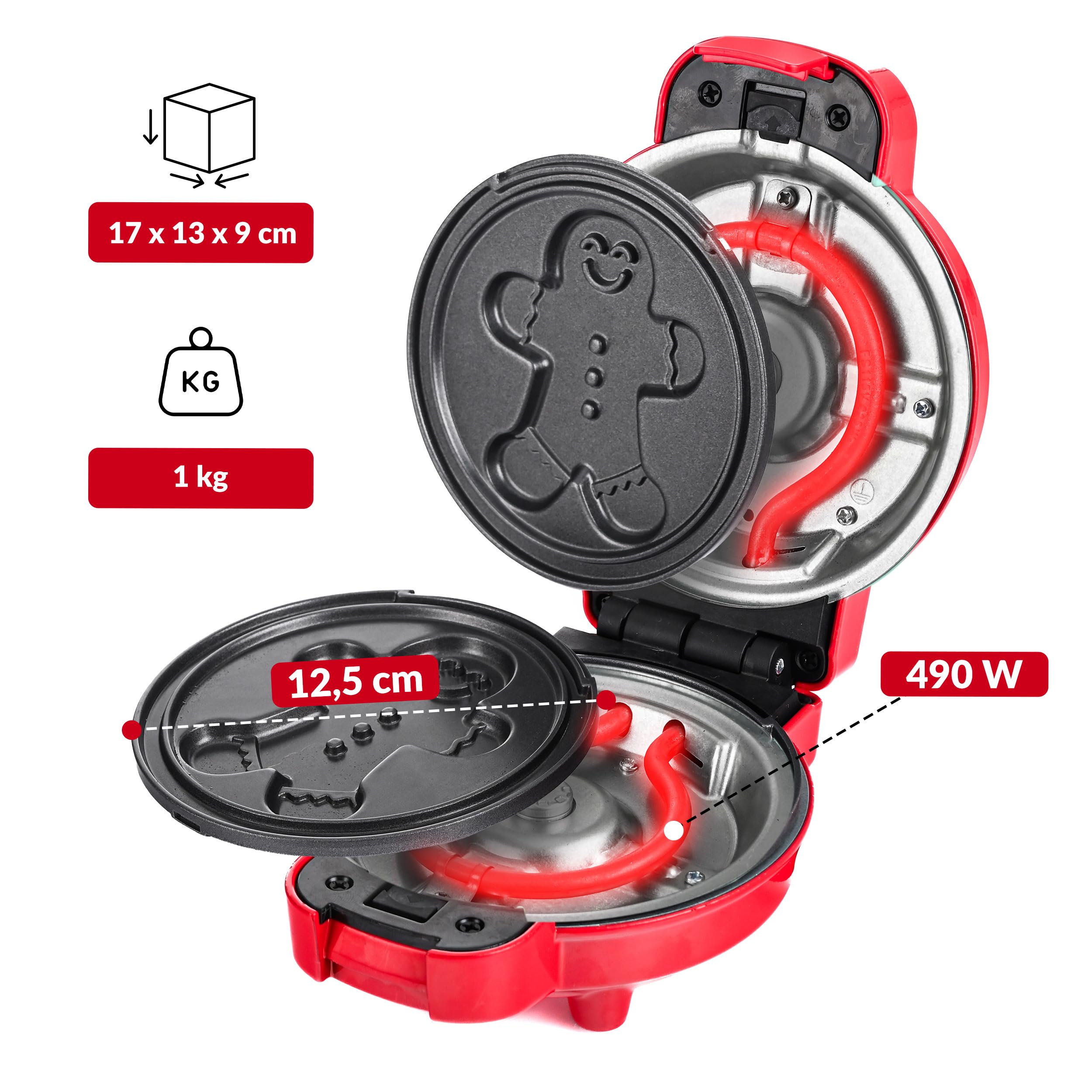 LEHMANN Mini Gofrera con Placas Intercambiables, Formas de gofre - Calabaza, Muñeco de Jengibre, Corazón y Clásica, Revestimiento Antiadherente, para fiestas infantiles y reuniones familiares, Rojo