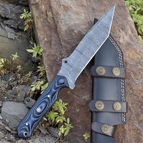 Miniatura 2 de Grace Knives Cuchillo de caza hecho a mano Tanto Cuchillo de hoja fija de acero de Damasco de 10.5 pulgadas EDC con funda de cuero G-509 (micarta