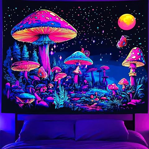 TUGCAY Blacklight Mushroom Tapestry UV Reactive Fantasy Forest Moon Plant Snail Tapestry Cute Aesthetic Wall Tapestries for Bedroom Dorm Living Room 47 x 35 Inches