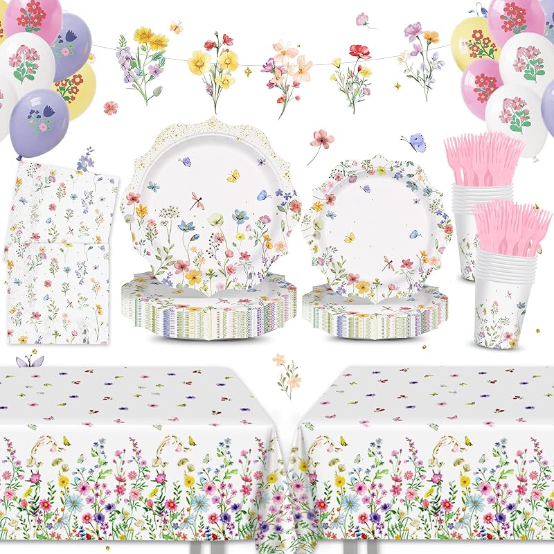 138 servilletas de platos de flores silvestres, suministros para fiestas de cumpleaños | Vaso de papel, mantel desechable, globos, pancarta, juegos de vajilla, decoraciones de cumpleaños con temática de flores silvestres, sirve a 24 invitados