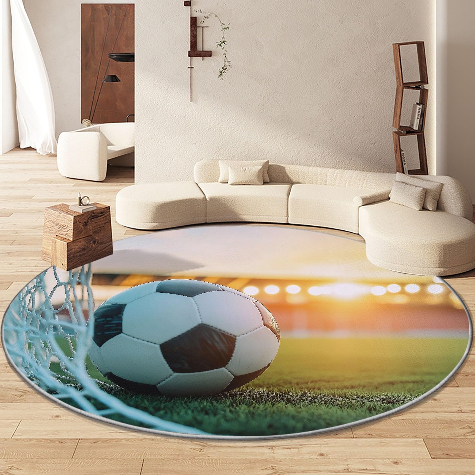 Runde Teppiche 150 cm Teppich, Sportwettkampf mit Fußball Bedruckte Dekorteppiche, Stadion rutschfeste Runde Teppiche, Waschbar Runde Teppiche für Wohnzimmer, Schlafzimmer