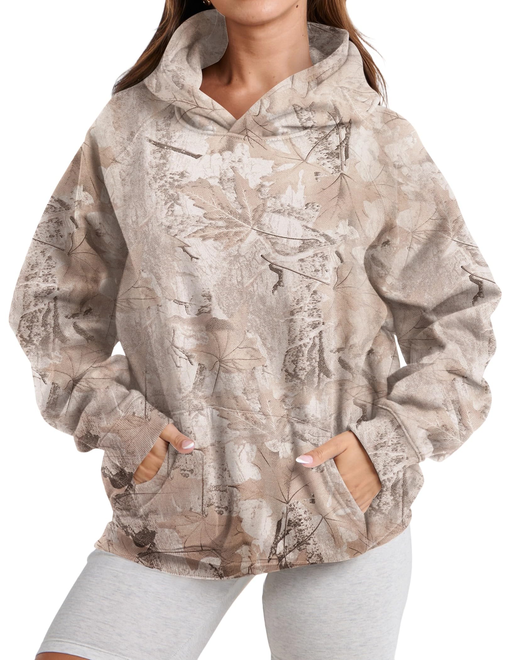 Ziesexy Womens Camo Hoodies Maple Leaf Print Oversized Hooded Pullover Shirt Fleece Long Sleeve Camo Sweatshirt With Pocket