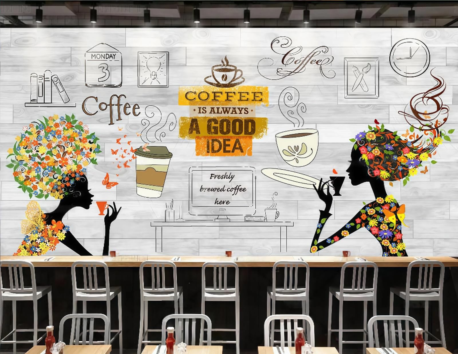 Tapeta Moda Drewniana Deska Ręcznie Malowane Litery Kawy Bar Napoje Tło Ściana Zachodnia Restauracja Tapeta Kawiarnia Mural, 3D, 150 x 105 cm
