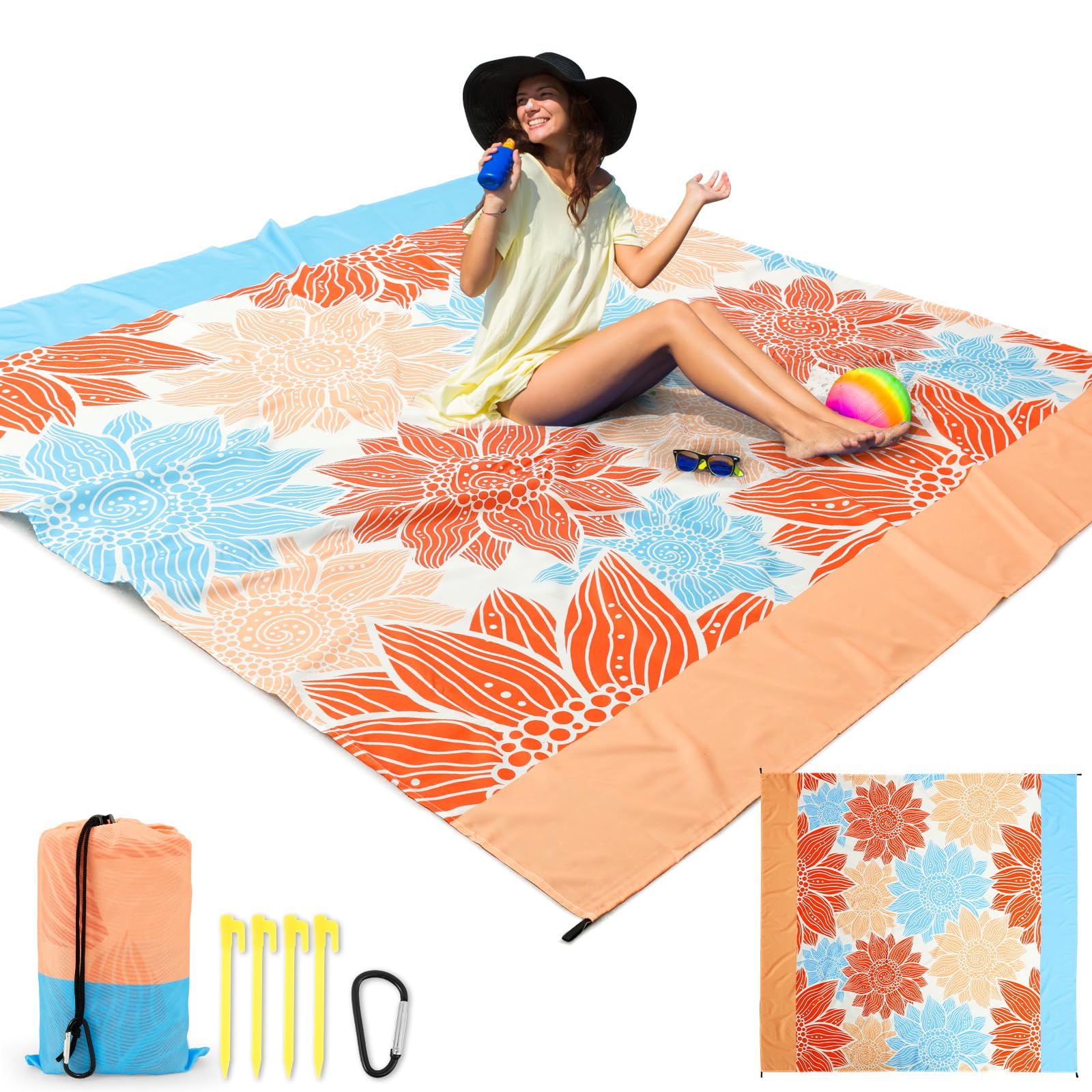 GWCYMYD Beach Blanket Mat, 210x200cm Quick Drying Large Picnic Blanket with Anchors Piles and Storage Bag, Sandproof Waterproof Beach Mat for Travel Camping Hiking