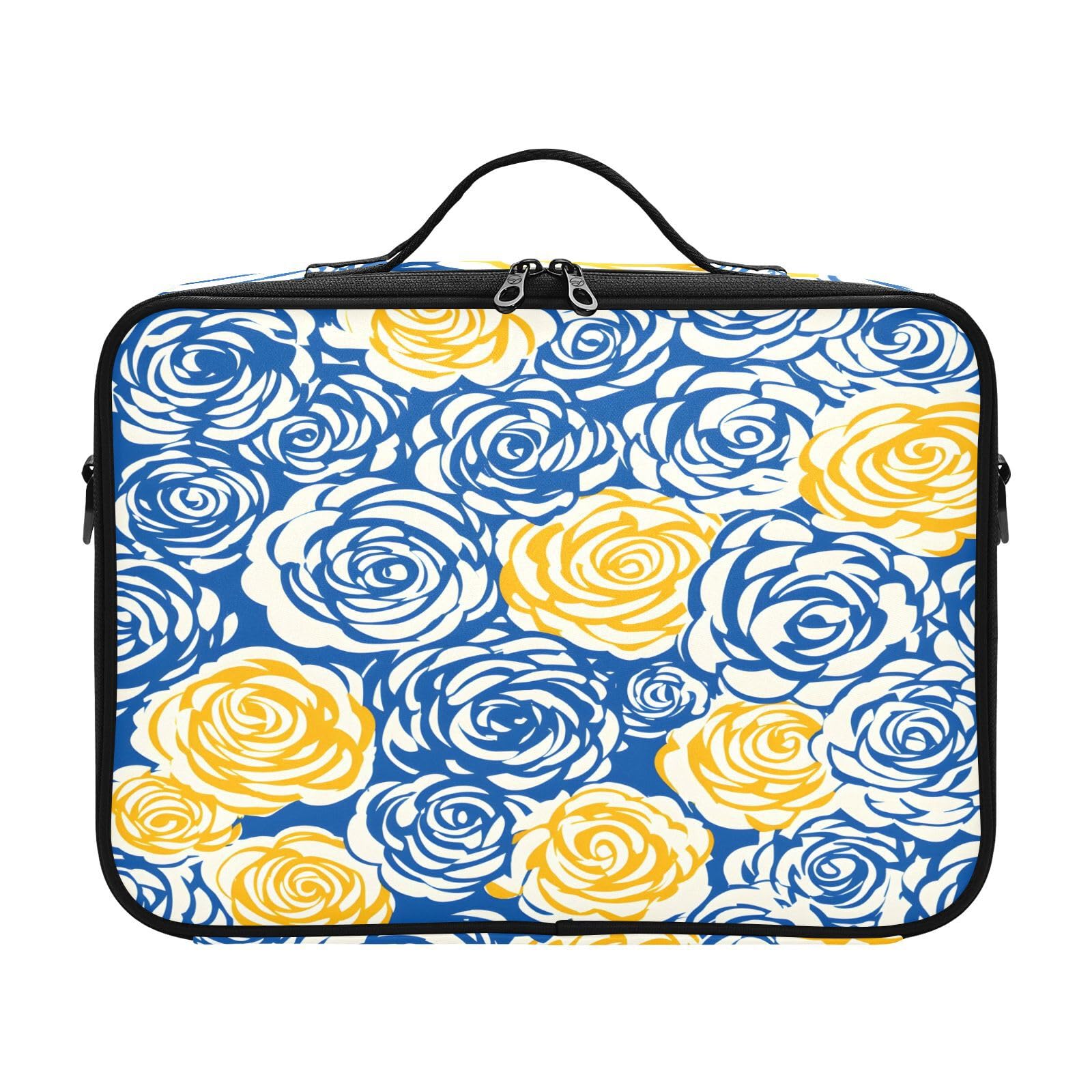 zyrtty Travel Makeup Train Case Yellow Flower Blue Pattern Cosmetic Organizer Portable Storage Bag with Adjustable Dividers for Cosmetics Brushes Toiletry Jewelry Digital Accessories