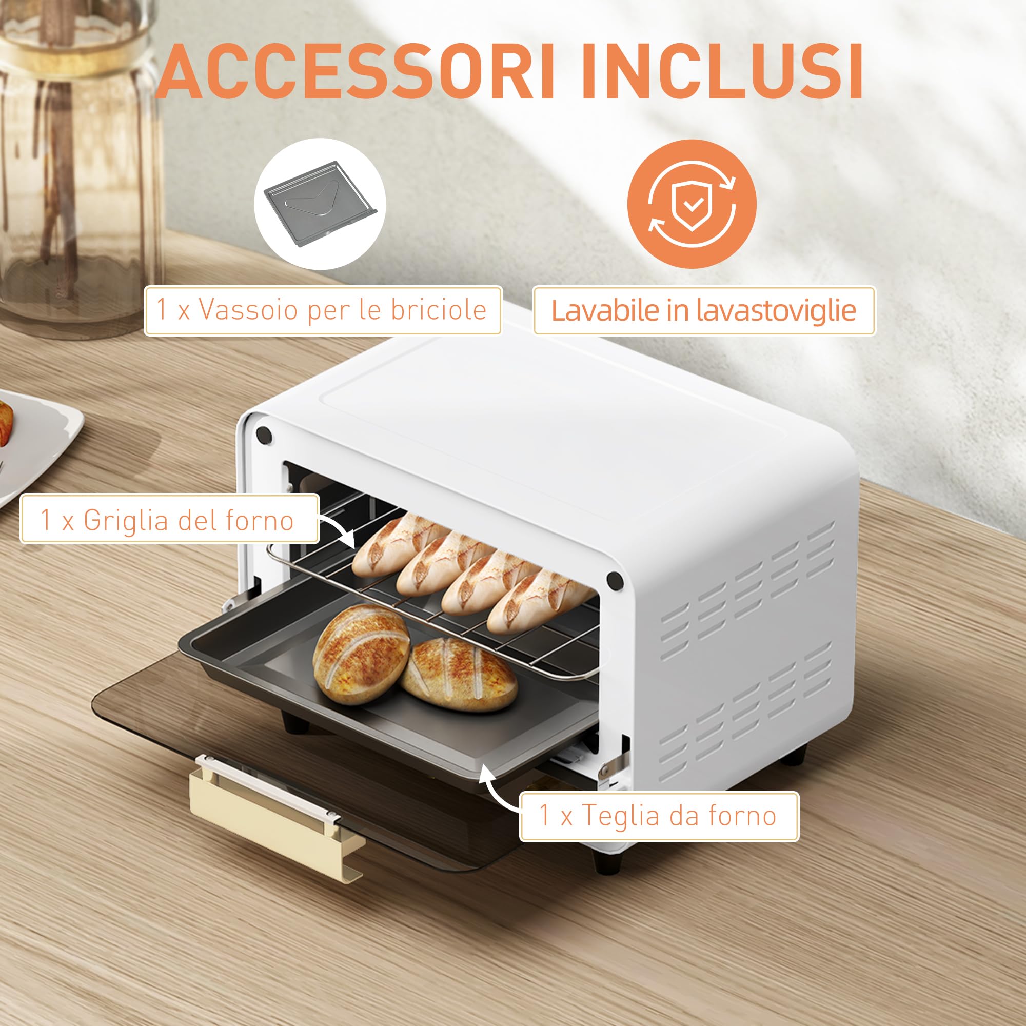 HOMCOM Fornetto Elettrico 12L a 2 Altezze con Timer e Temperatura Regolabile, Mini Forno in Acciaio Inox, Vetro e Plastica, 31.5x27.7x22.7 cm, Bianco e Oro