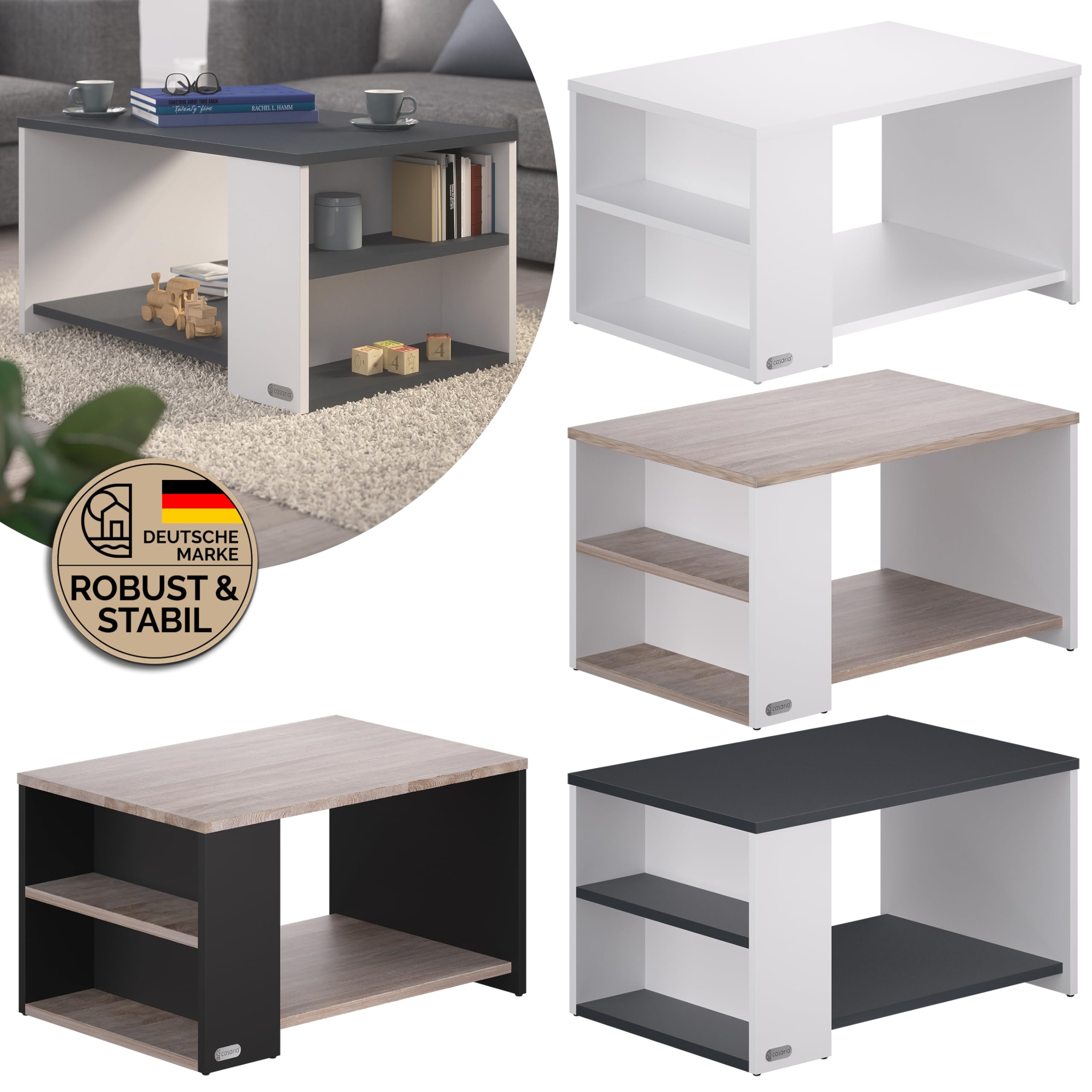 Casaria® Couchtisch Weiß Holz mit Stauraum Regal 2 Ablagen 90 x 60 x 50 cm Wohnzimmertisch Kratzfest 50 kg Belastbar Eckig Beistelltisch Sofa Couch