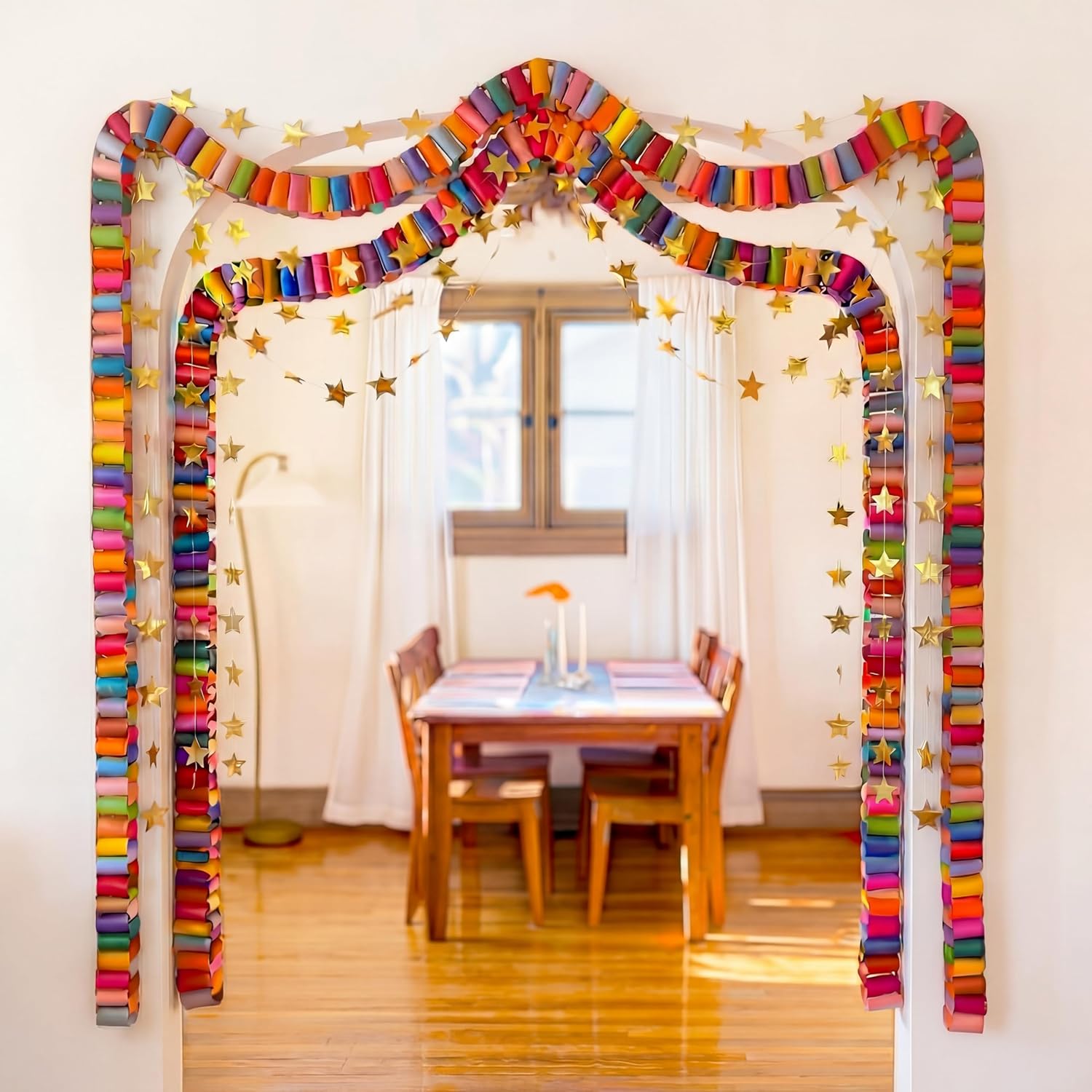 Maitys 500 Sheets Paper Chain Strips and Mirror Star Garland 13 Feet Paper Crafts Banner with Double Sided Tape for Crafting Birthday Wedding Festival Theme Party Decor (Multicolor,3 x 8 Inches)