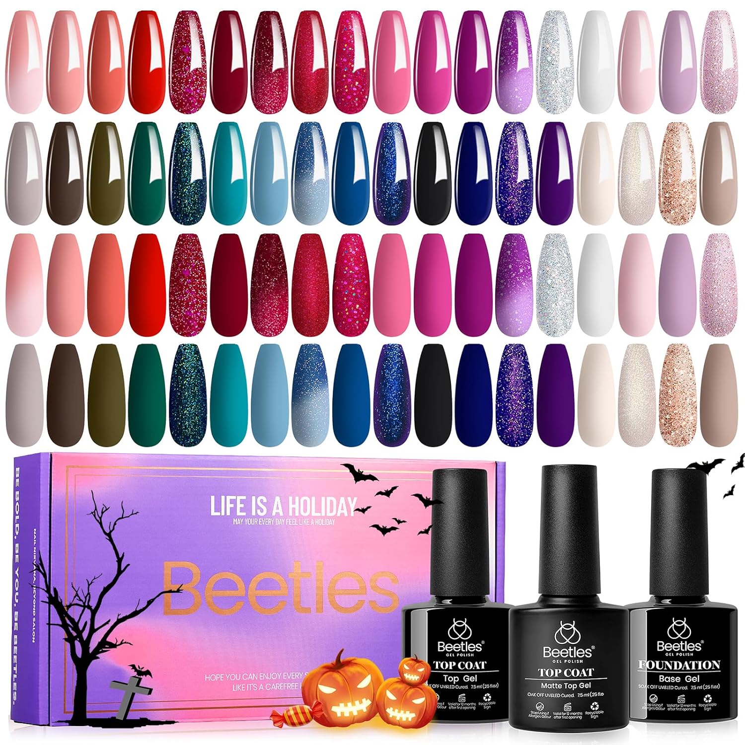 Beetles Halloween Gel Polish Set 39Pcs Red Burgundy Blue Green Nude Pink Purple Gel Nail Polish with Base Matte Glossy Top Coat for Manicure Lovers DIY at Home Gift for Women Enchanted Jewelry