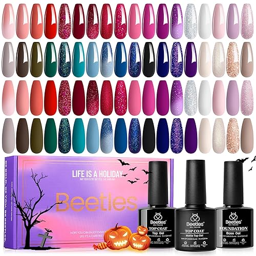 Beetles Gel Polish Juego de 39 esmaltes de uñas de gel de primavera con purpurina reflectante, rojo, azul, verde, nude, blanco, rosa, morado, regalo
